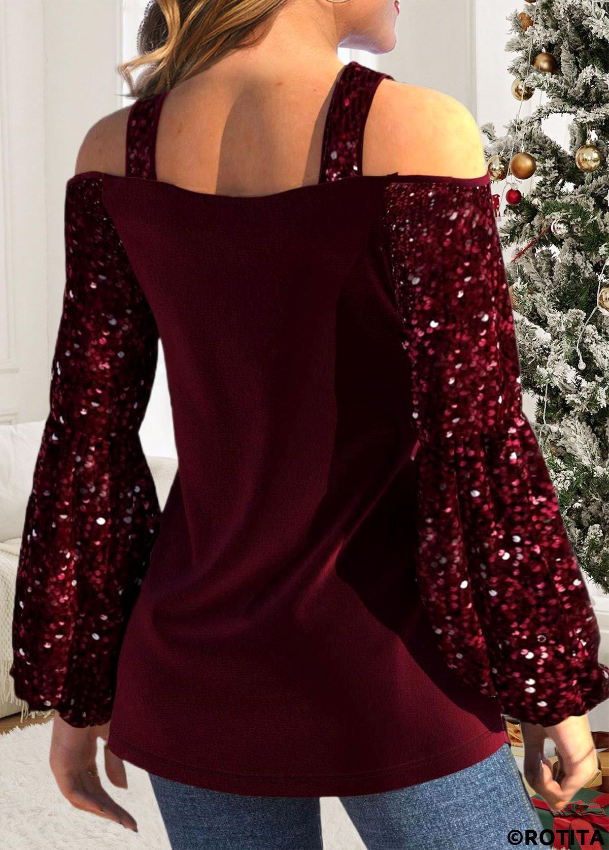 Wine Red plus size,Plain Color plus size,ROTITA Plus Size Sequin Wine Red Cross Collar T Shirt