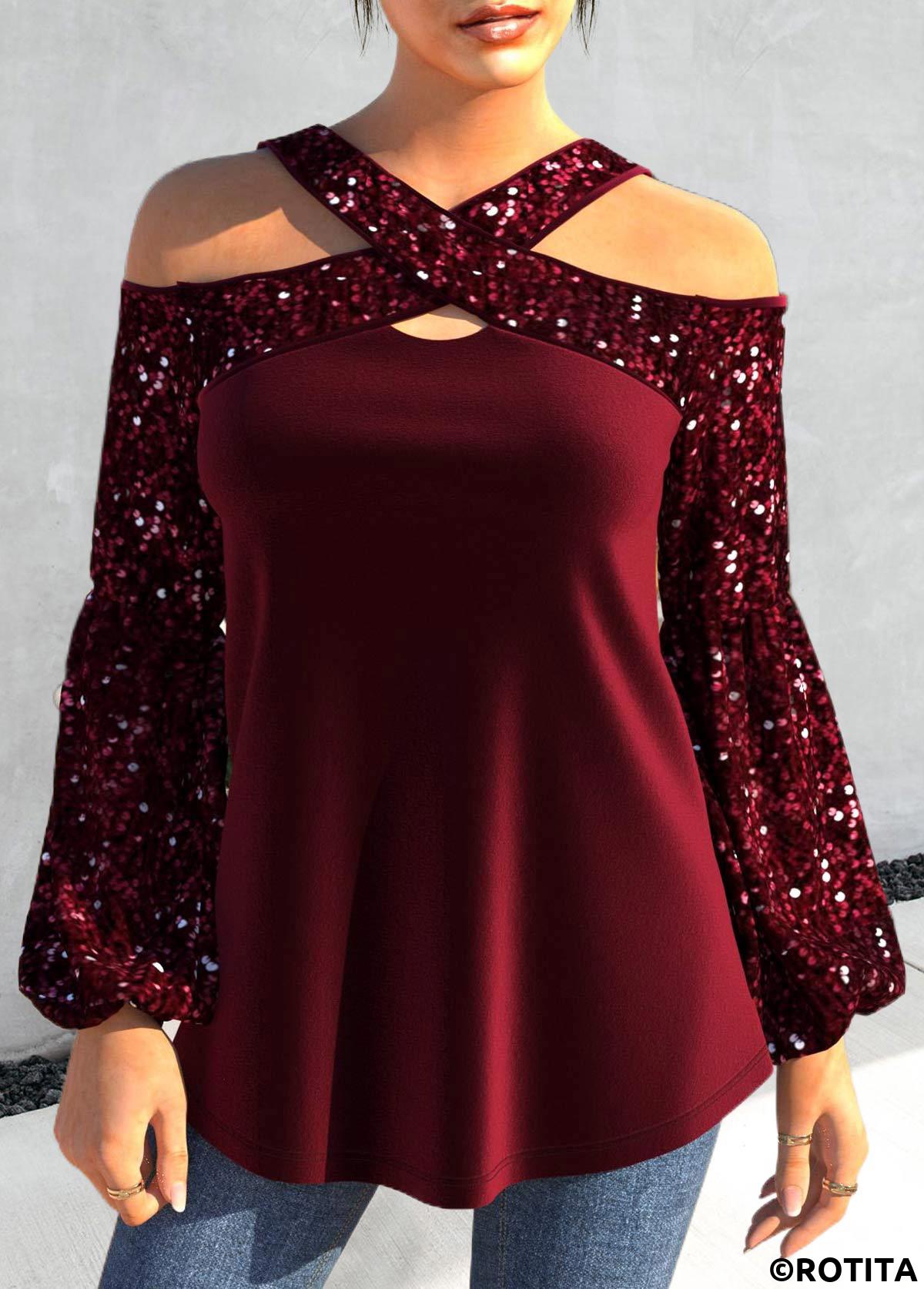 Wine Red plus size,Plain Color plus size,ROTITA Plus Size Sequin Wine Red Cross Collar T Shirt
