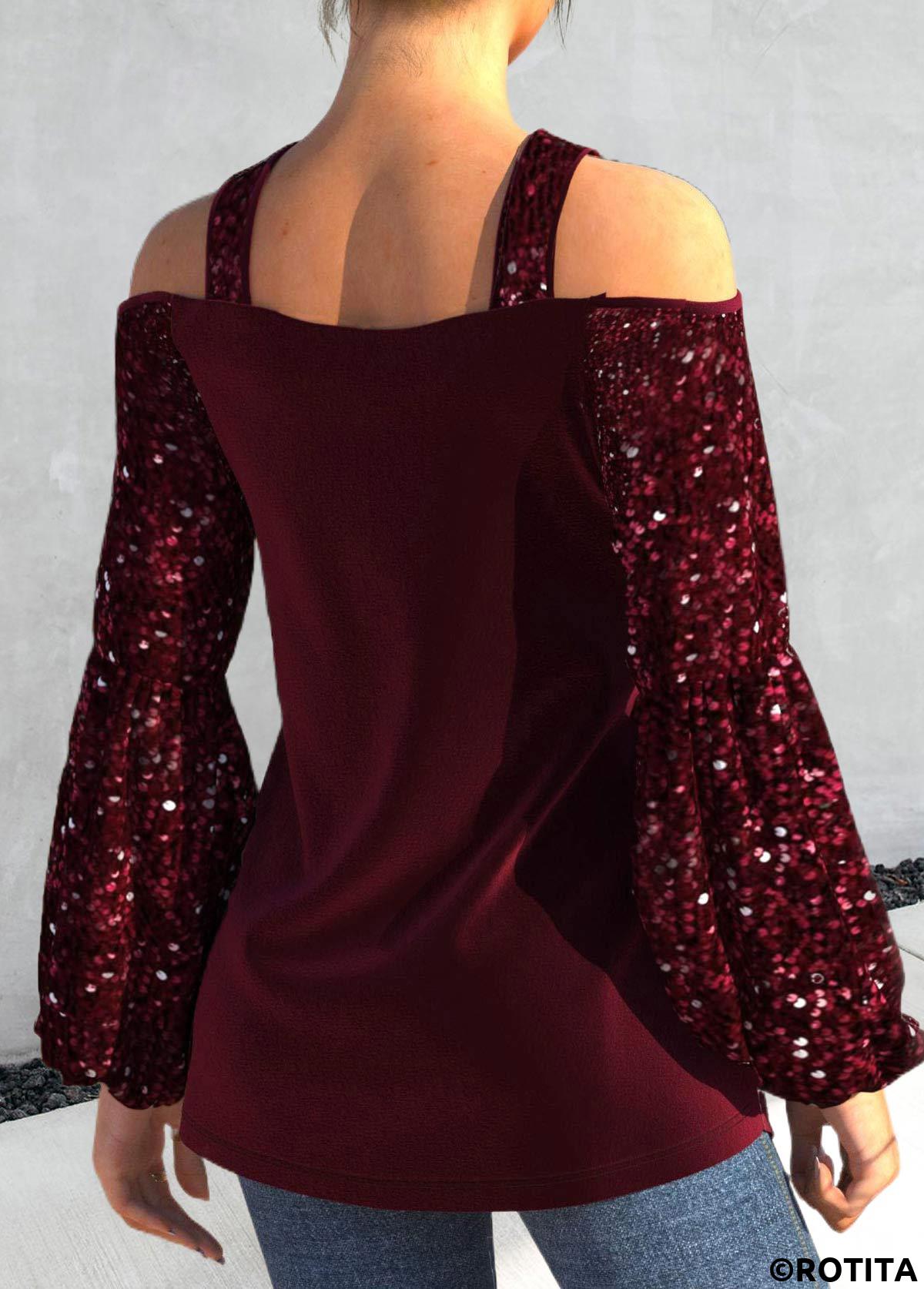 Wine Red plus size,Plain Color plus size,ROTITA Plus Size Sequin Wine Red Cross Collar T Shirt