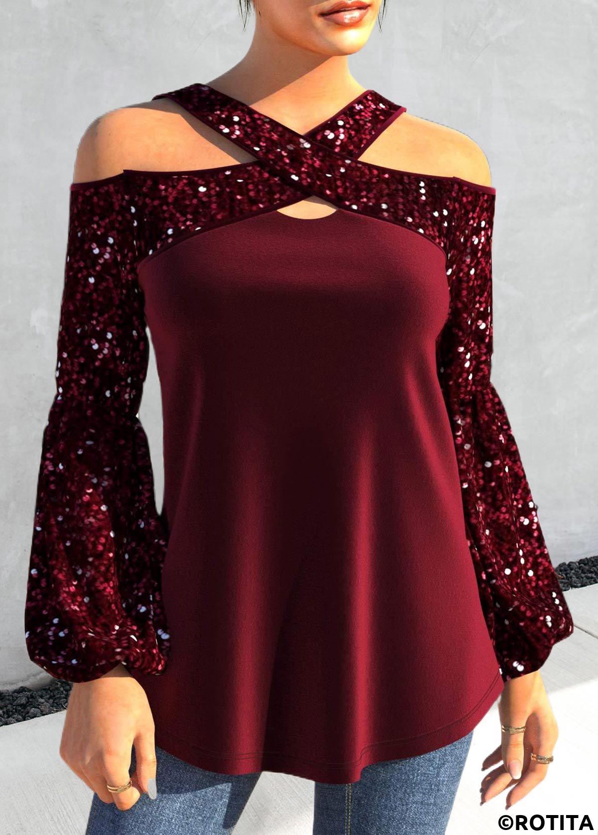 Wine Red plus size,Plain Color plus size,ROTITA Plus Size Sequin Wine Red Cross Collar T Shirt
