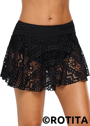 Black swimwear,Plain Color swimwear,Mid Waist Black Pierced Design Pantskirt