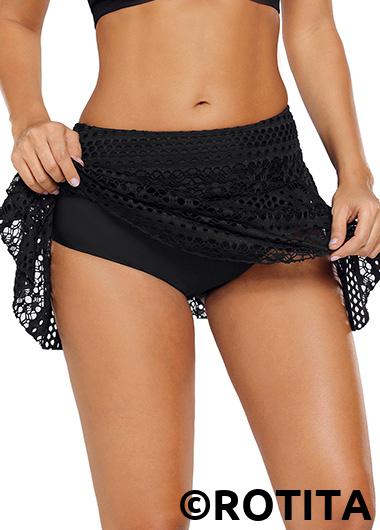 Black swimwear,Plain Color swimwear,Mid Waist Black Pierced Design Pantskirt