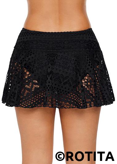 Black swimwear,Plain Color swimwear,Mid Waist Black Pierced Design Pantskirt