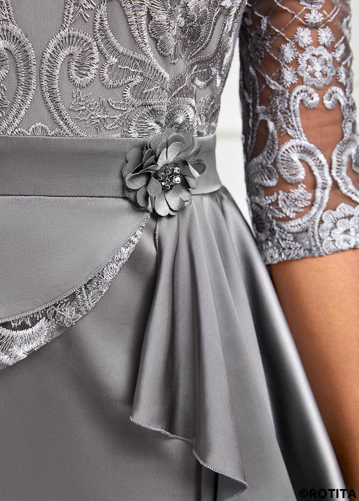 Grey dresses,Plain Color dresses,Party dresses,Elegant dresses,ROTITA Lace Stitching Peplum Waist Grey Flounce Dress