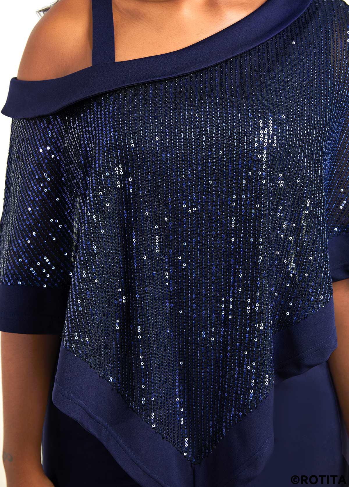 Navy jumpsuits&rompers,Plain Color jumpsuits&rompers,ROTITA Navy Cold Shoulder Sequin Asymmetric Hem Jumpsuit