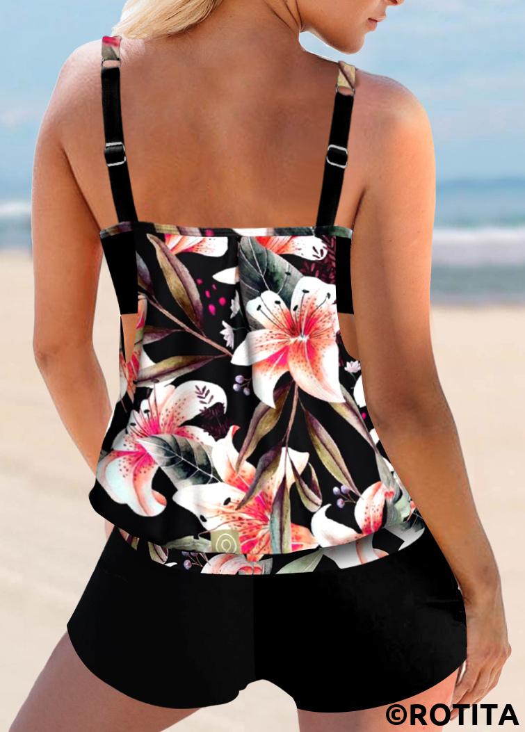 Multi Color swimwear,Floral swimwear,Plants swimwear,ROTITA Cutout Multi Color Wide Strap Floral Print Tankini Top