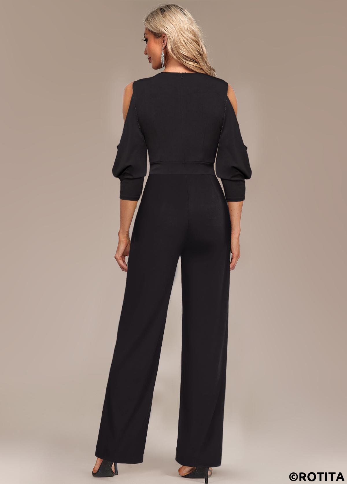Black jumpsuits&rompers,Plain Color jumpsuits&rompers,ROTITA Metal Ring Cold Shoulder V Neck Black Jumpsuit