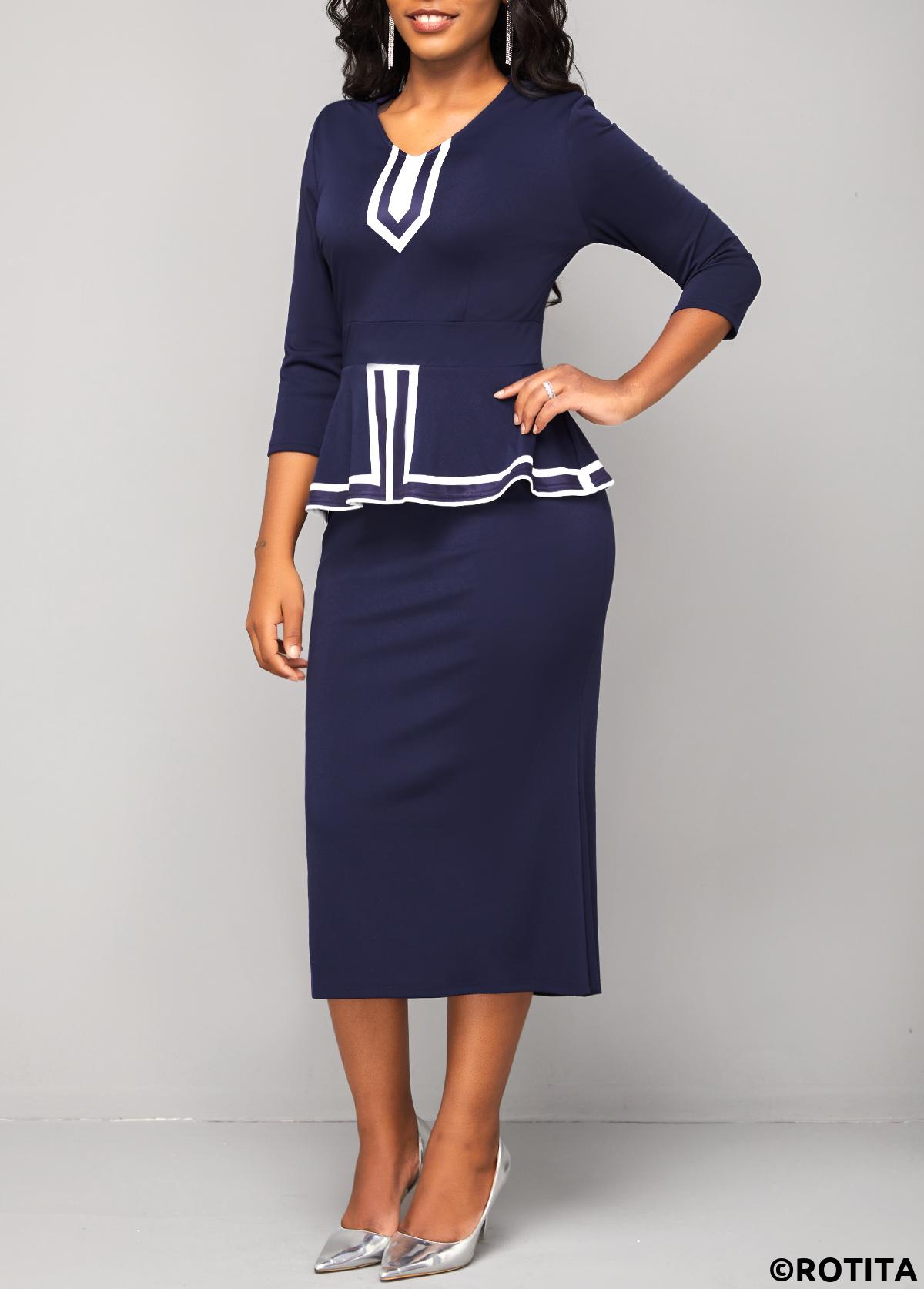 Navy dresses,Striped dresses,Wear to Work dresses,Work dresses,ROTITA Navy Striped V Neck Bodycon Dress