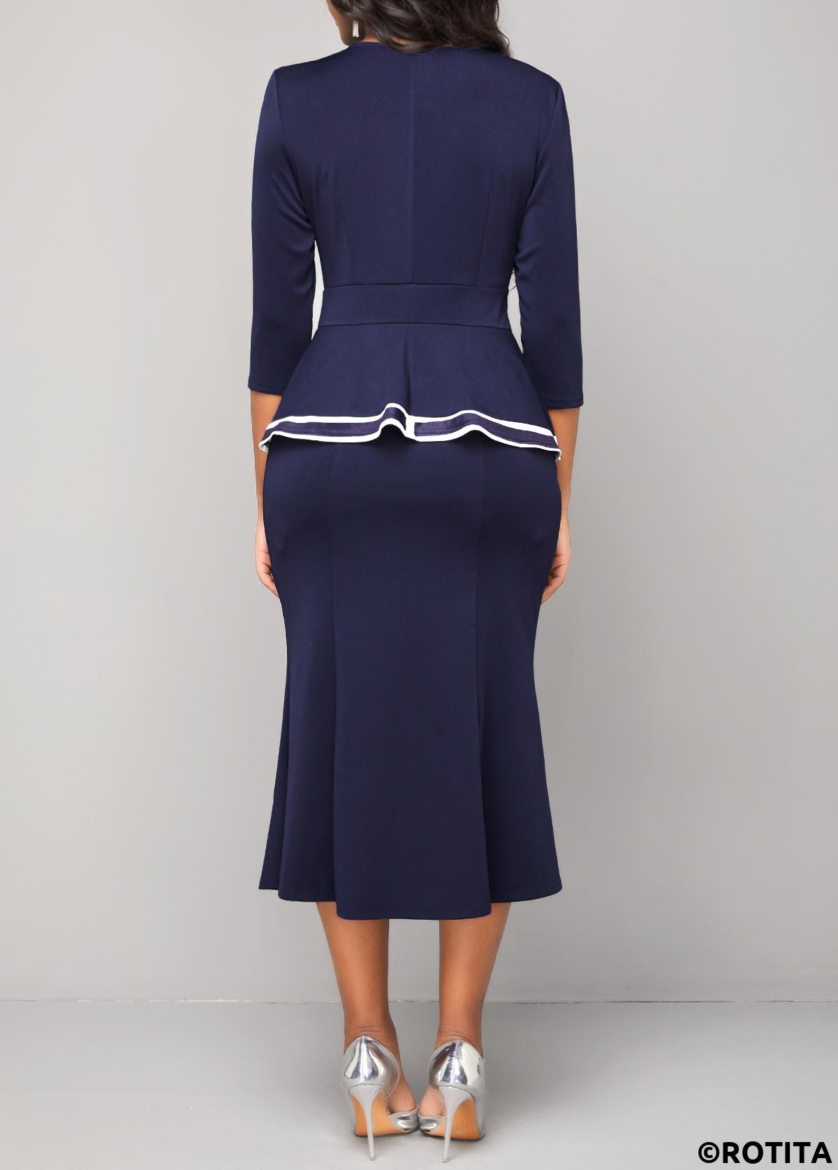 Navy dresses,Striped dresses,Wear to Work dresses,Work dresses,ROTITA Navy Striped V Neck Bodycon Dress