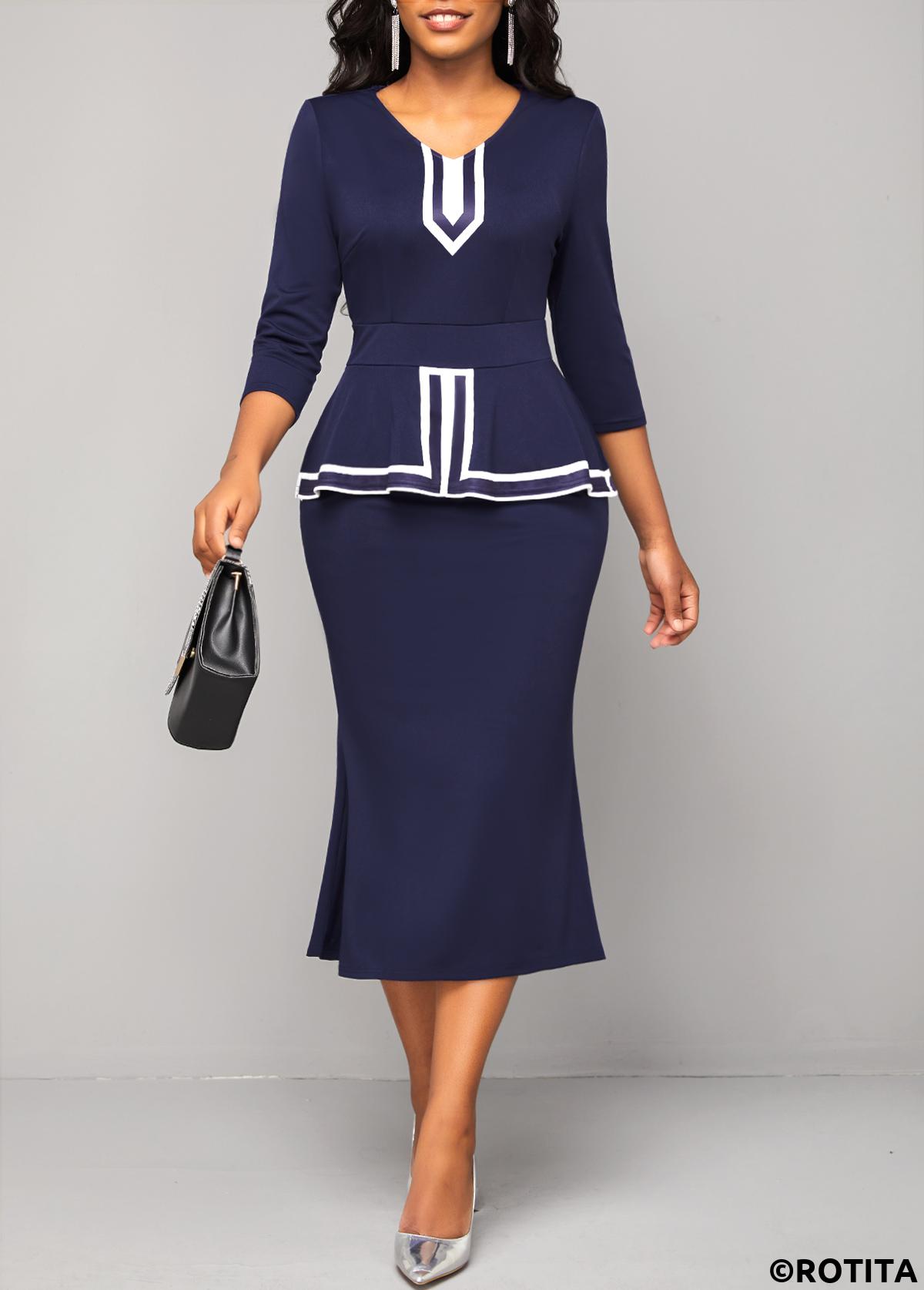 Navy dresses,Striped dresses,Wear to Work dresses,Work dresses,ROTITA Navy Striped V Neck Bodycon Dress