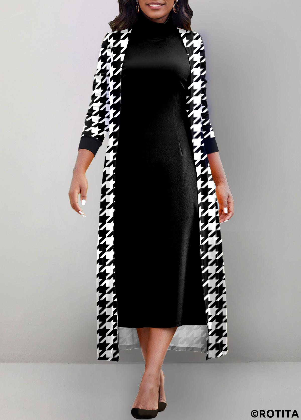 ROTITA Fausse robe noire 2 en 1 à imprimé pied-de-poule