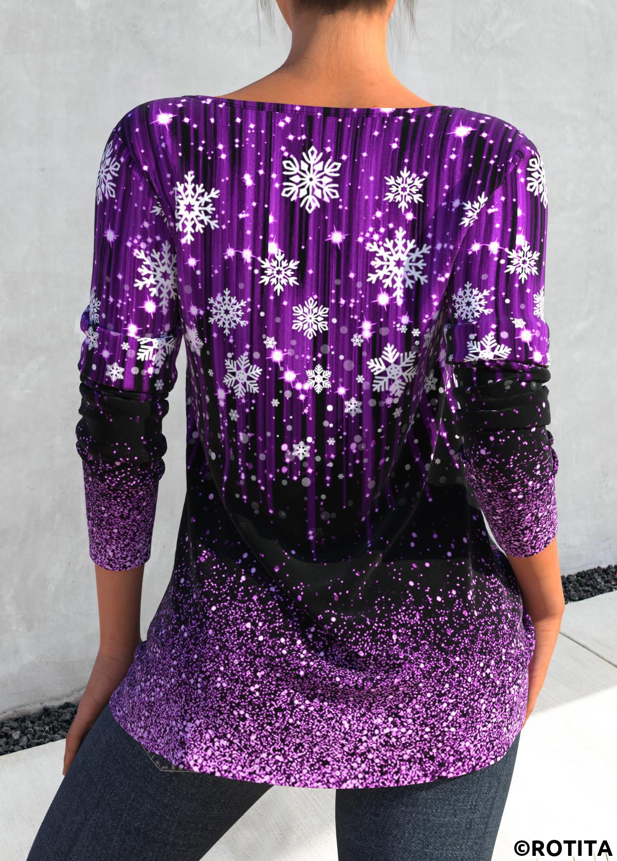 Violet tops,Christmas tops,Dot tops,ROTITA Cut Out Snowflake Print Violet T Shirt