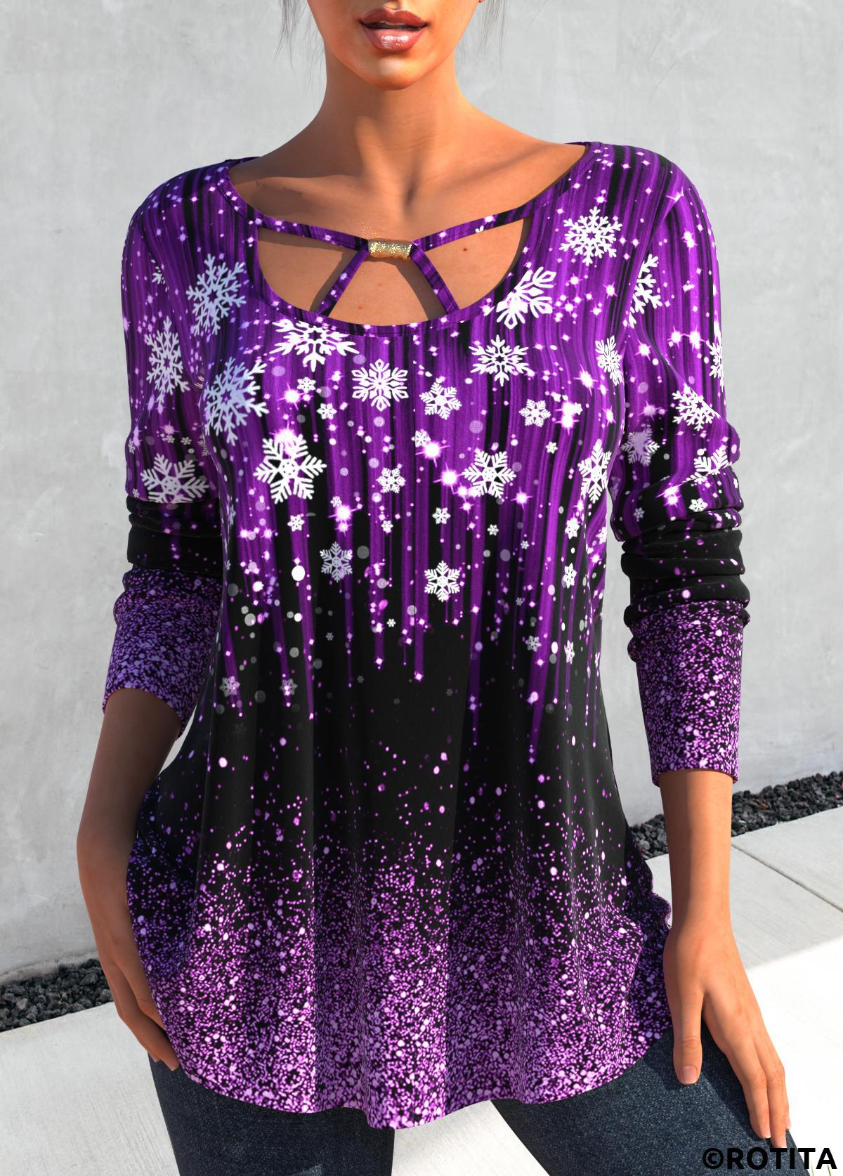 Violet tops,Christmas tops,Dot tops,ROTITA Cut Out Snowflake Print Violet T Shirt