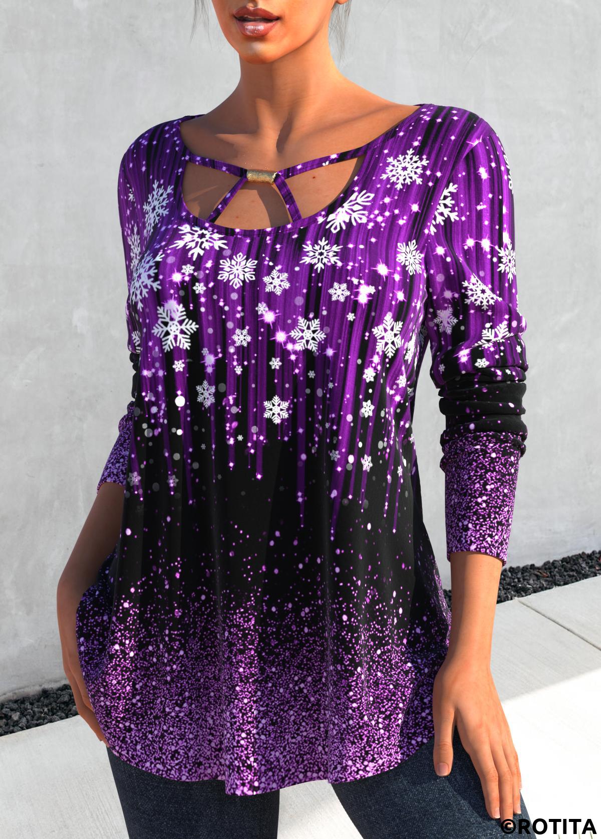 Violet tops,Christmas tops,Dot tops,ROTITA Cut Out Snowflake Print Violet T Shirt
