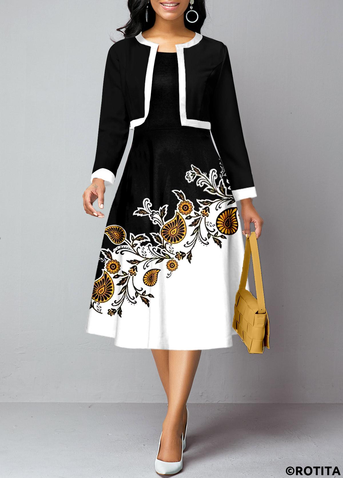 Black dresses,Paisley dresses,Floral dresses,Party dresses,Elegant dresses,ROTITA Long Sleeve Cardigan and Paisley Print Dress