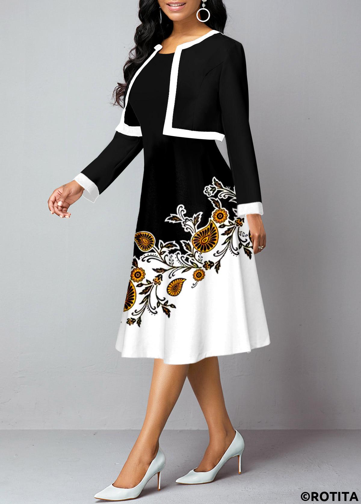 Black dresses,Paisley dresses,Floral dresses,Party dresses,Elegant dresses,ROTITA Long Sleeve Cardigan and Paisley Print Dress