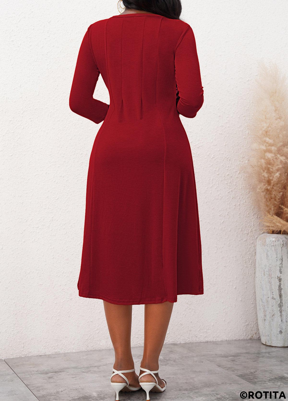 Wine Red dresses,Plain Color dresses,Everyday dresses,Casual dresses,ROTITA 3/4 Sleeve Round Neck Wine Red Dress