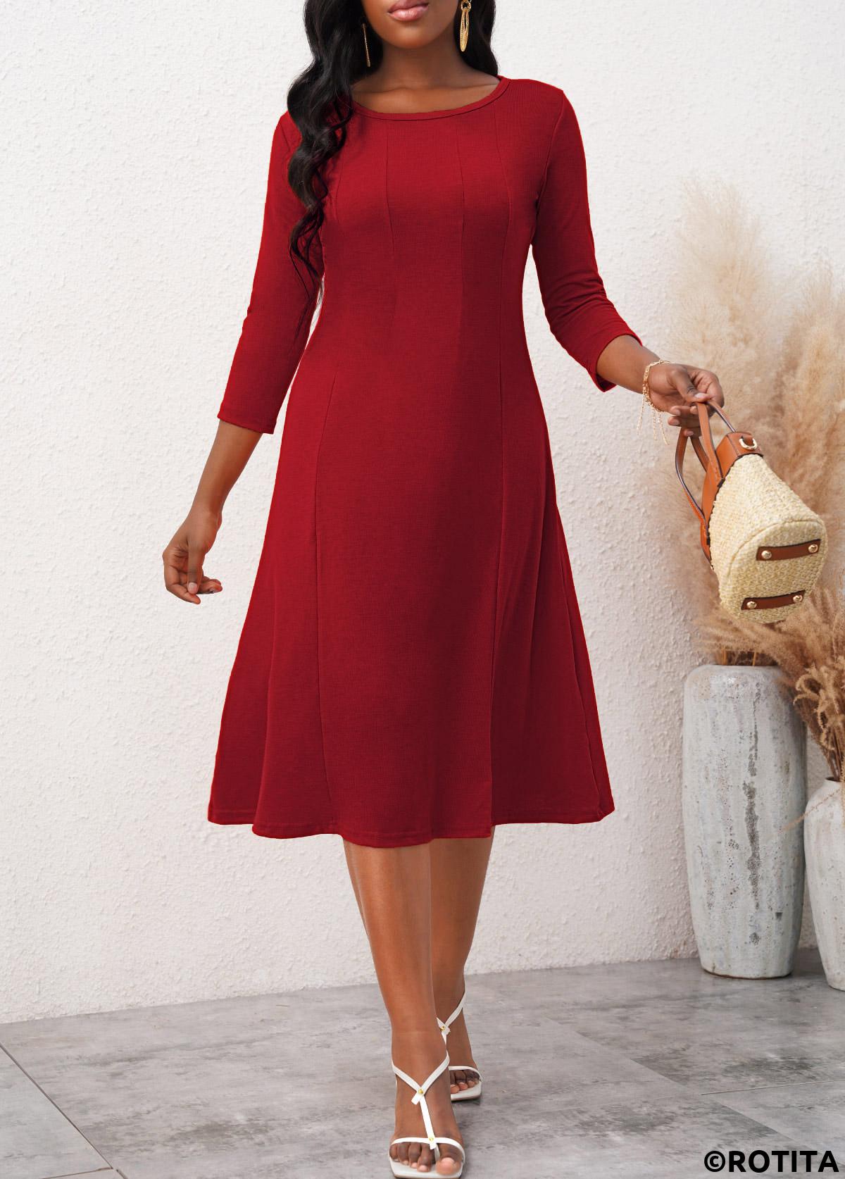 Wine Red dresses,Plain Color dresses,Everyday dresses,Casual dresses,ROTITA 3/4 Sleeve Round Neck Wine Red Dress