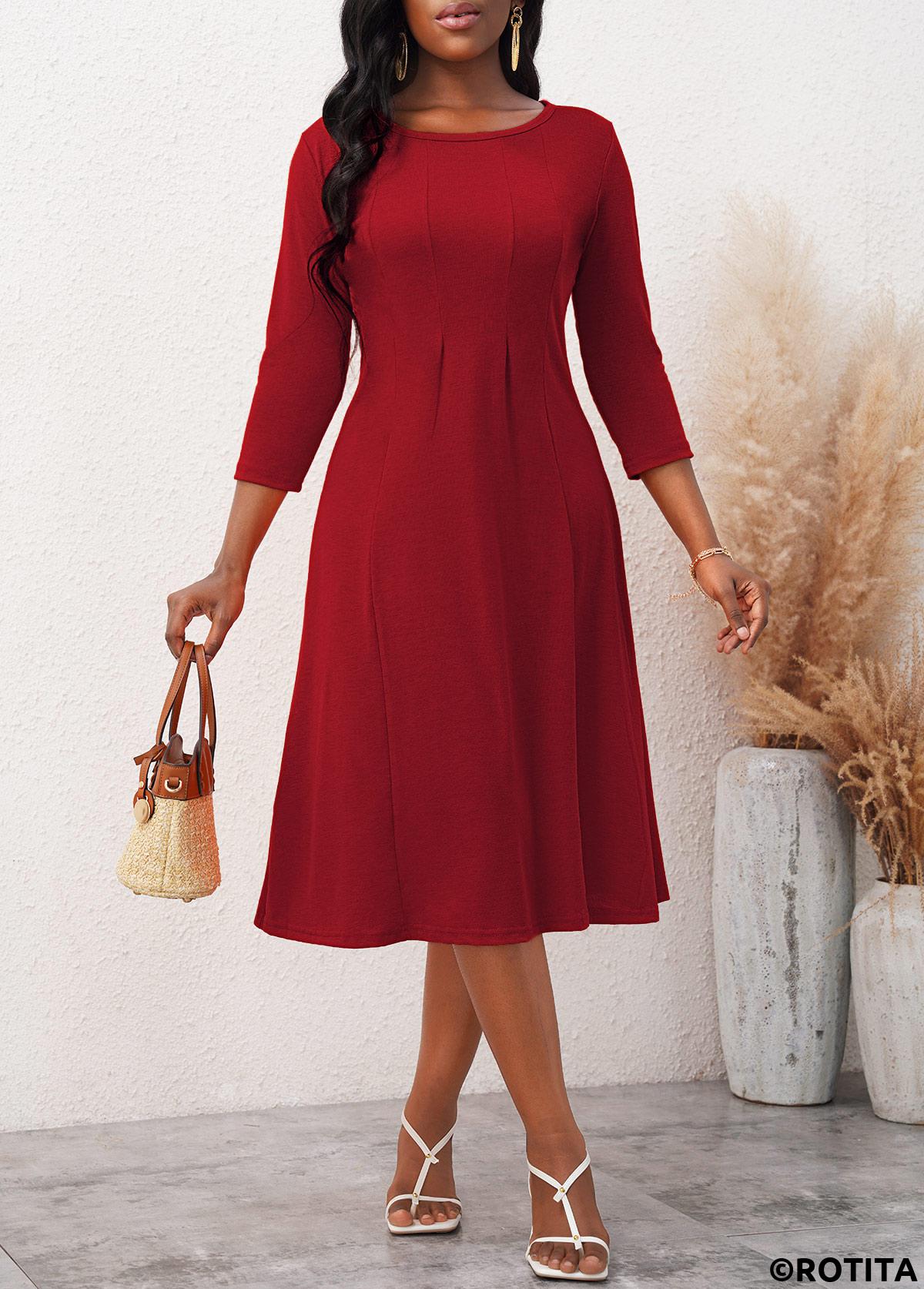 Wine Red dresses,Plain Color dresses,Everyday dresses,Casual dresses,ROTITA 3/4 Sleeve Round Neck Wine Red Dress
