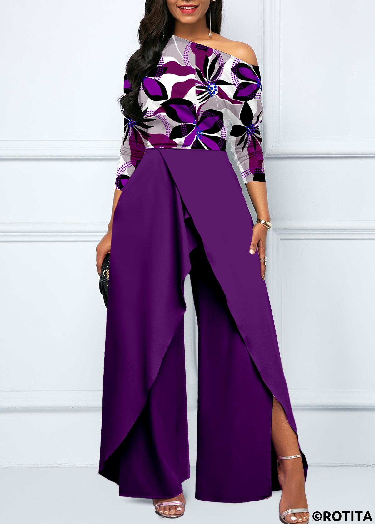 Purple jumpsuits&rompers,Floral jumpsuits&rompers,ROTITA Split Floral Print Purple Long Boat Neck Jumpsuit