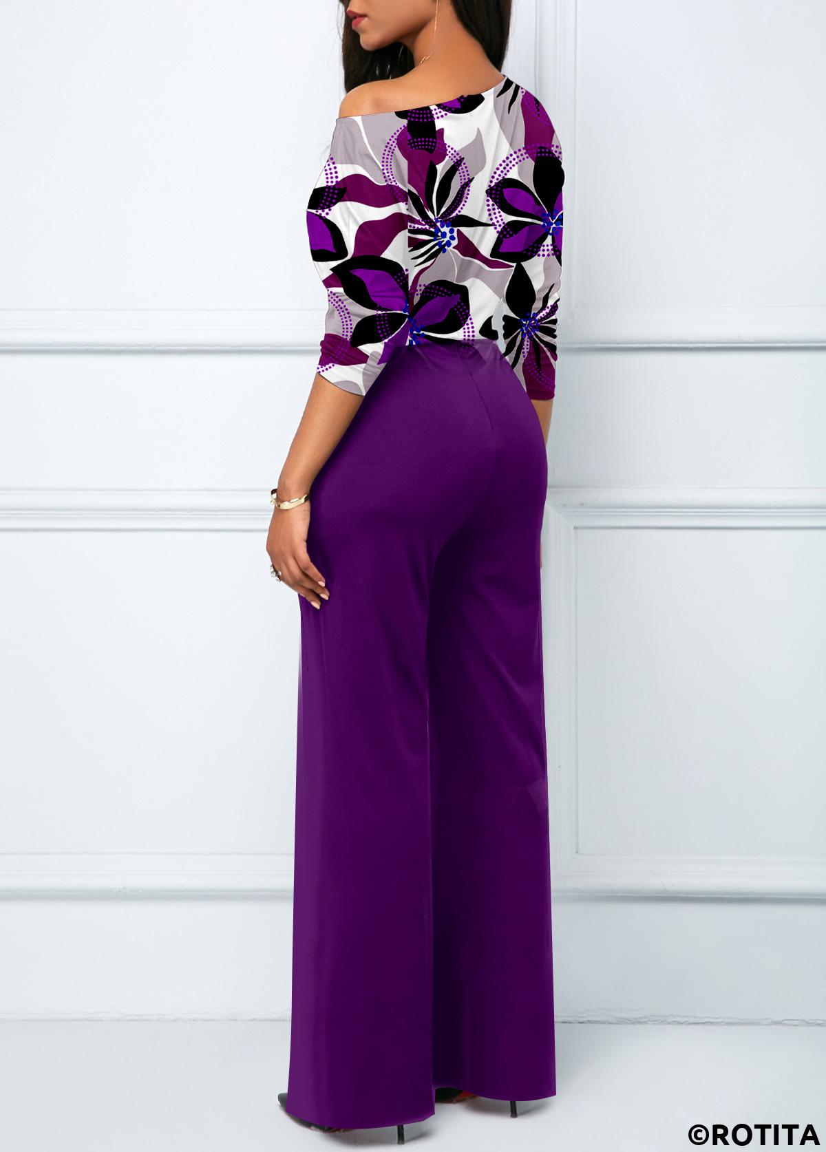 Purple jumpsuits&rompers,Floral jumpsuits&rompers,ROTITA Split Floral Print Purple Long Boat Neck Jumpsuit