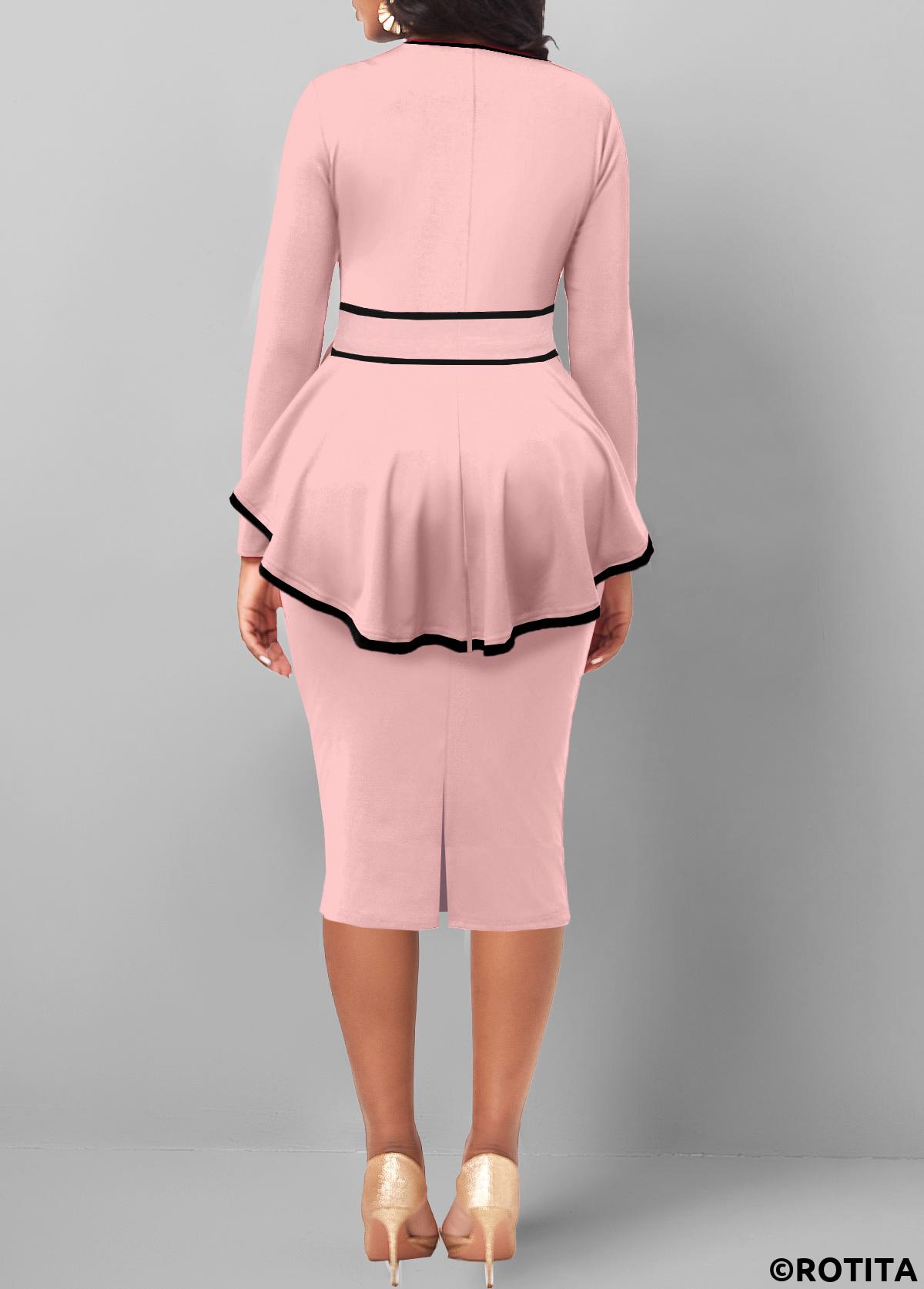 Light Pink dresses,Plain Color dresses,Party dresses,Elegant dresses,ROTITA Belted Light Pink Contrast Binding Dress