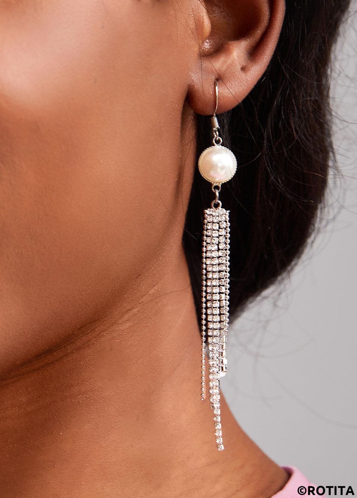Silvery White jewelry,Plain Color jewelry,Pearl Design Rhinestone Silvery White Earrings