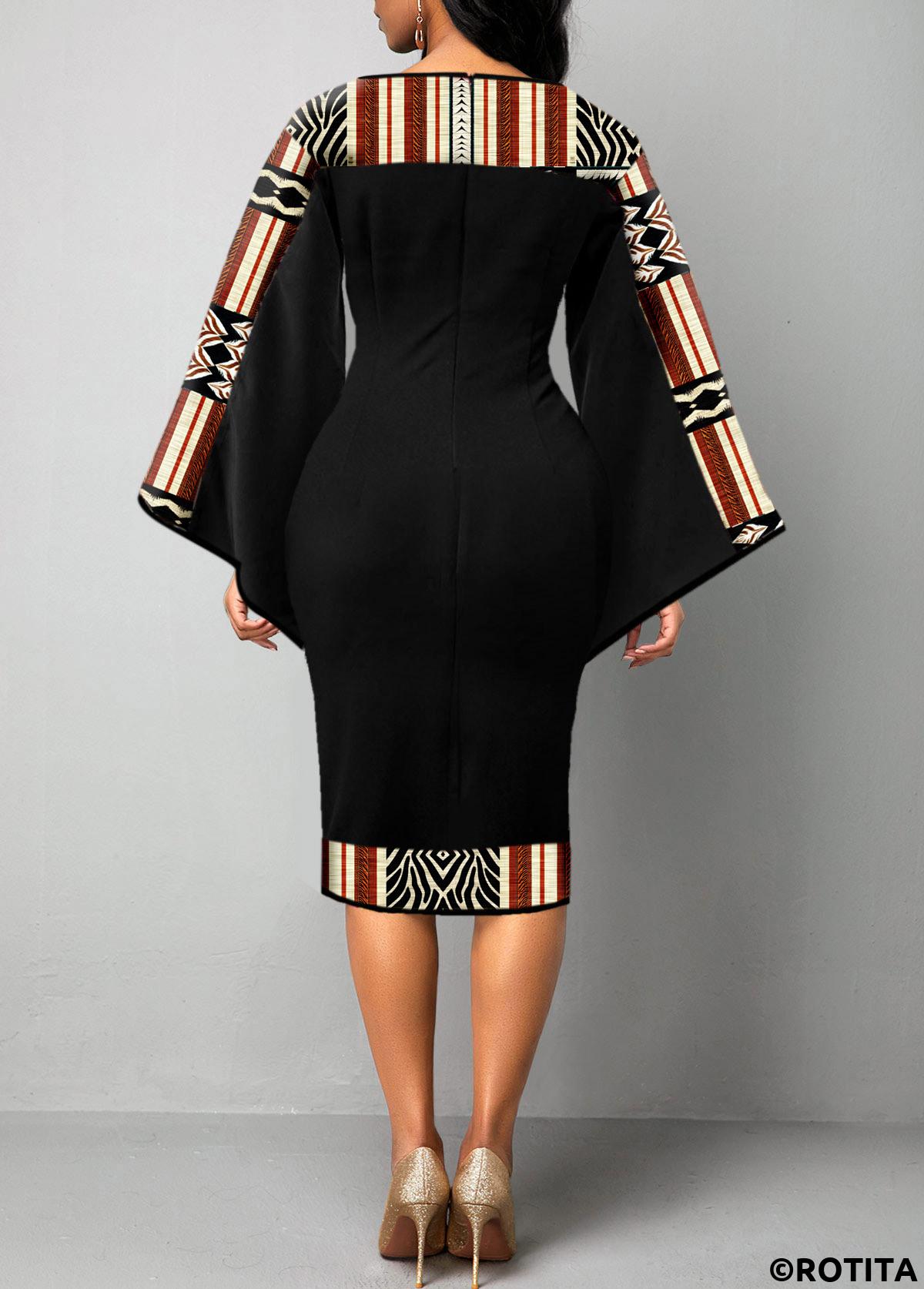 ROTITA Patchwork African Tribal Print Black Bodycon Dress