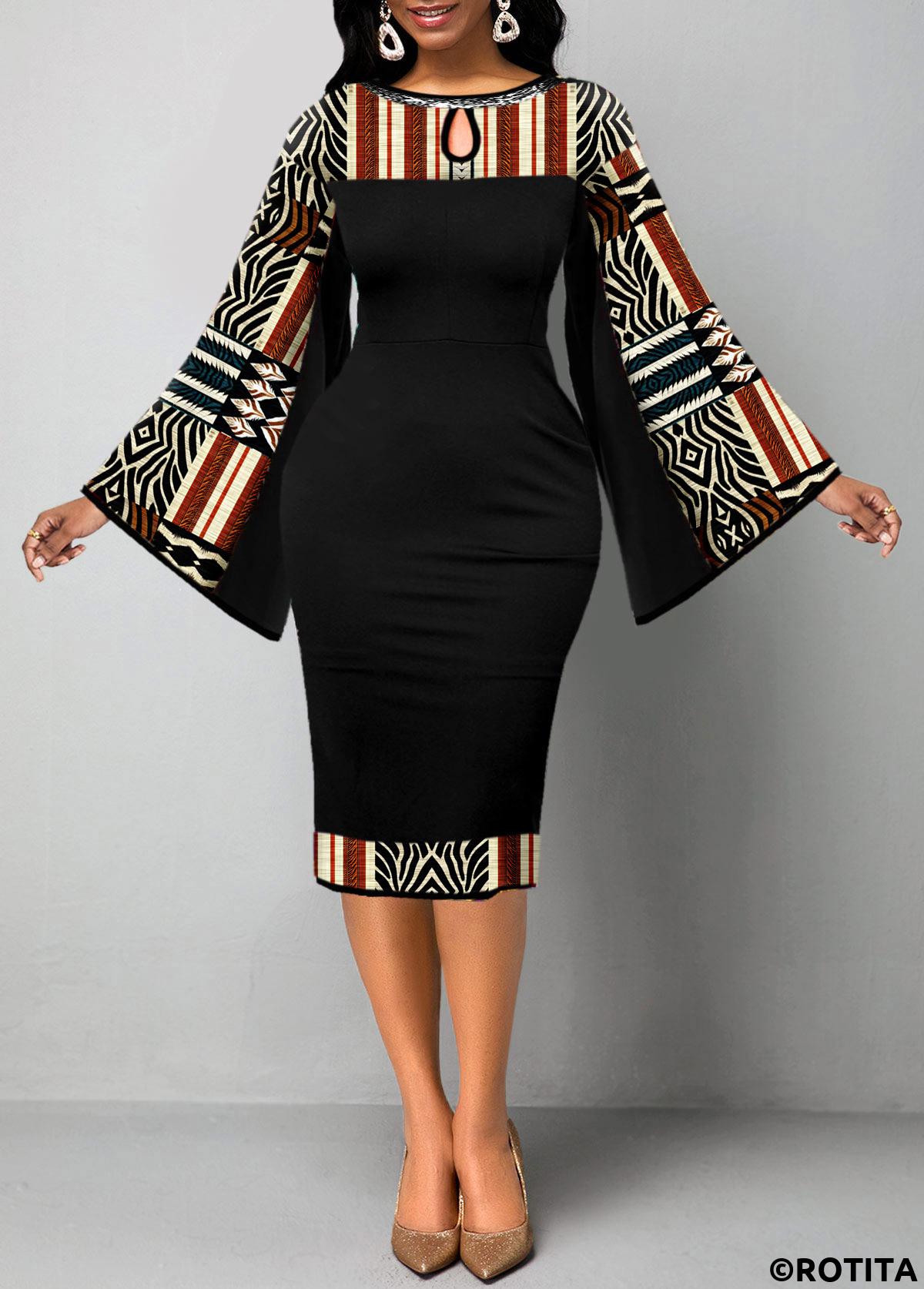 ROTITA Patchwork African Tribal Print Black Bodycon Dress