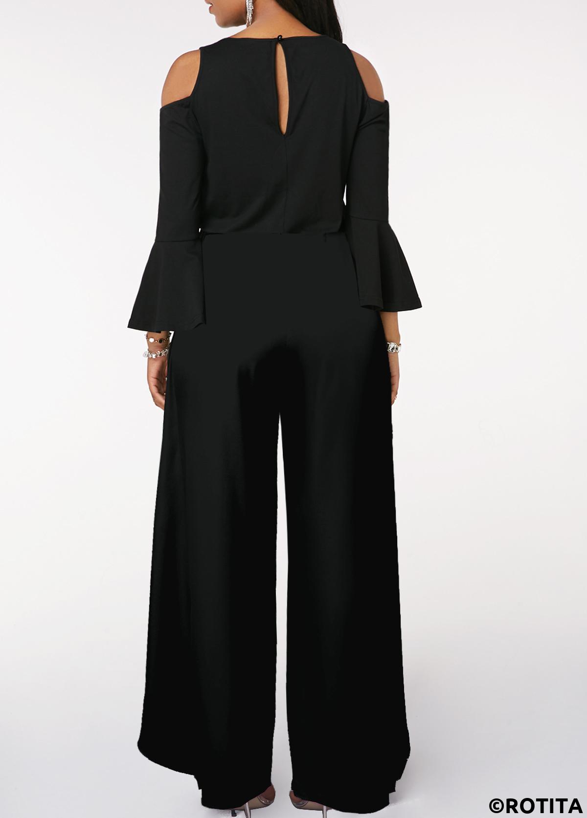 Black jumpsuits&rompers,Plain Color jumpsuits&rompers,ROTITA Sequin Black Long Sleeve V Neck Jumpsuit