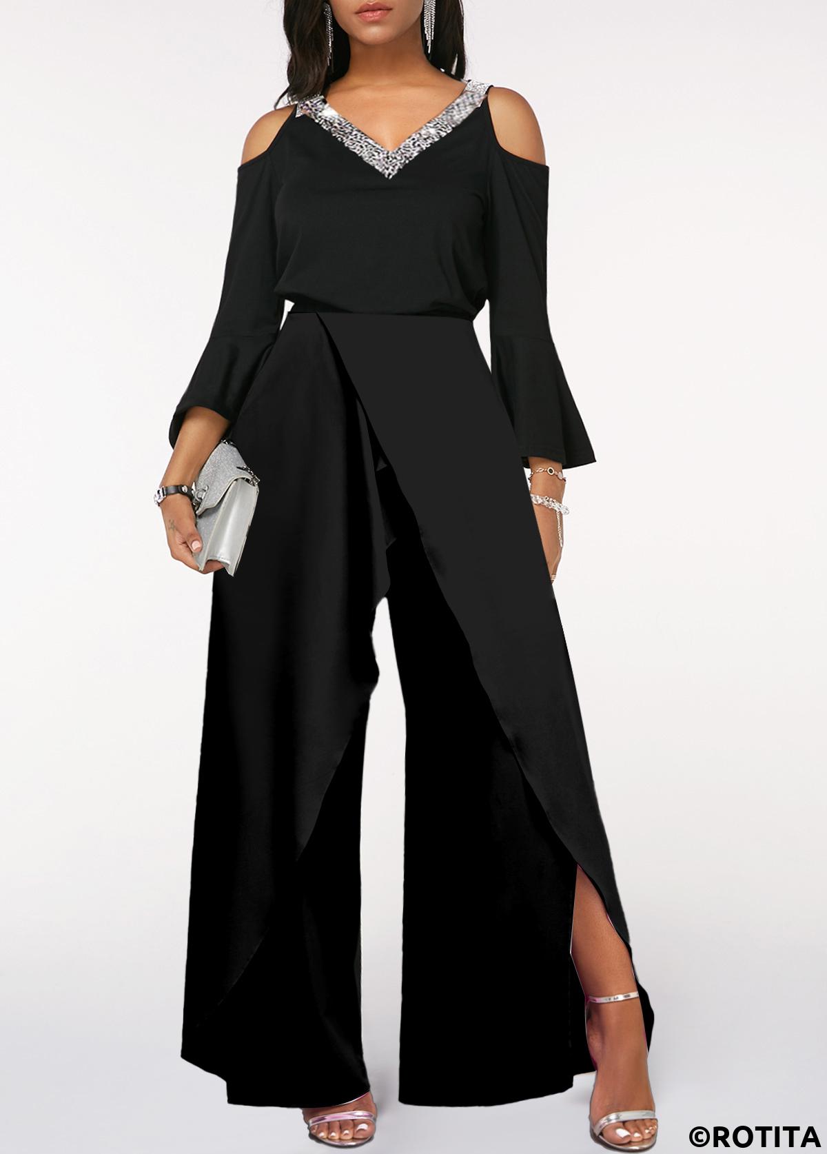 Black jumpsuits&rompers,Plain Color jumpsuits&rompers,ROTITA Sequin Black Long Sleeve V Neck Jumpsuit