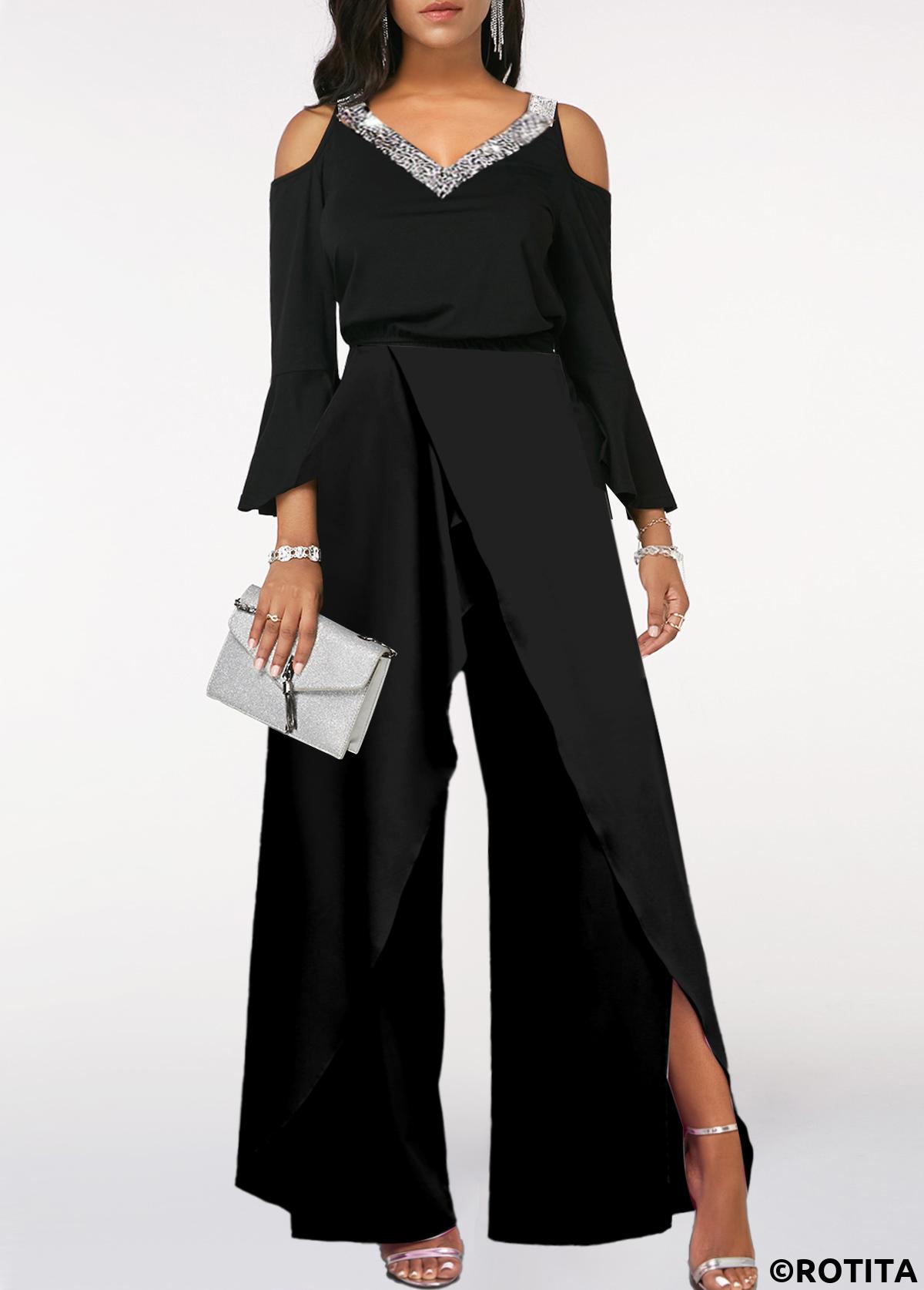 Black jumpsuits&rompers,Plain Color jumpsuits&rompers,ROTITA Sequin Black Long Sleeve V Neck Jumpsuit
