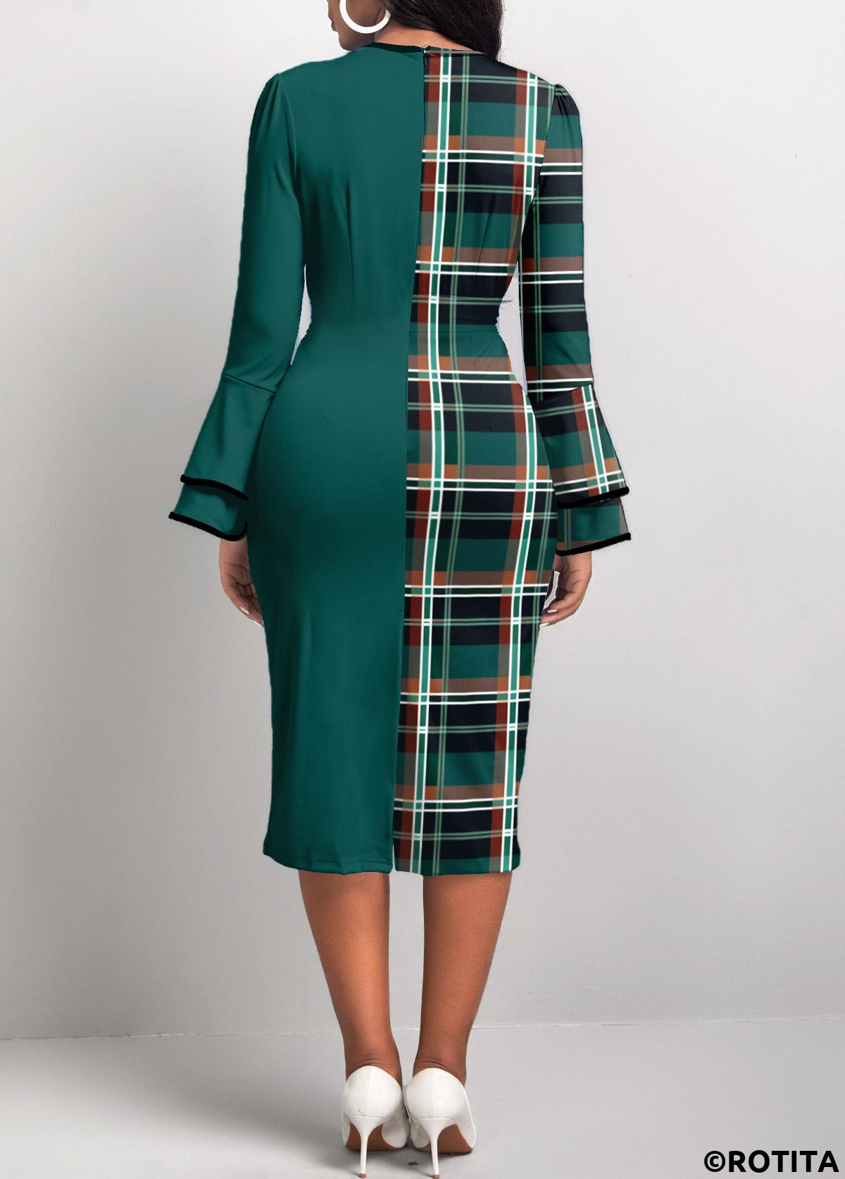 Green dresses,Plaid dresses,Geometric dresses,Party dresses,Elegant dresses,ROTITA Patchwork Plaid Green Round Neck Bodycon Dress
