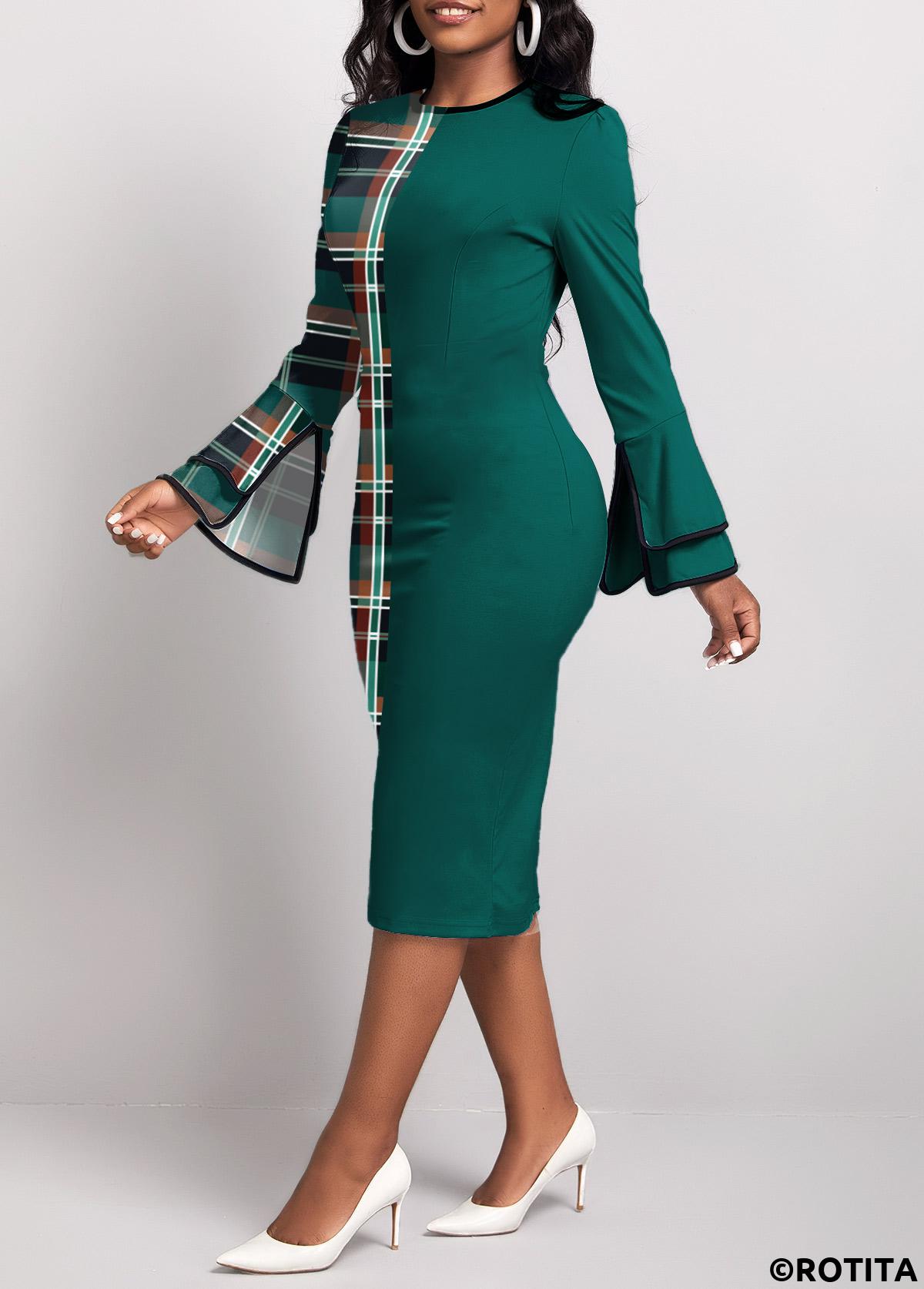 Green dresses,Plaid dresses,Geometric dresses,Party dresses,Elegant dresses,ROTITA Patchwork Plaid Green Round Neck Bodycon Dress