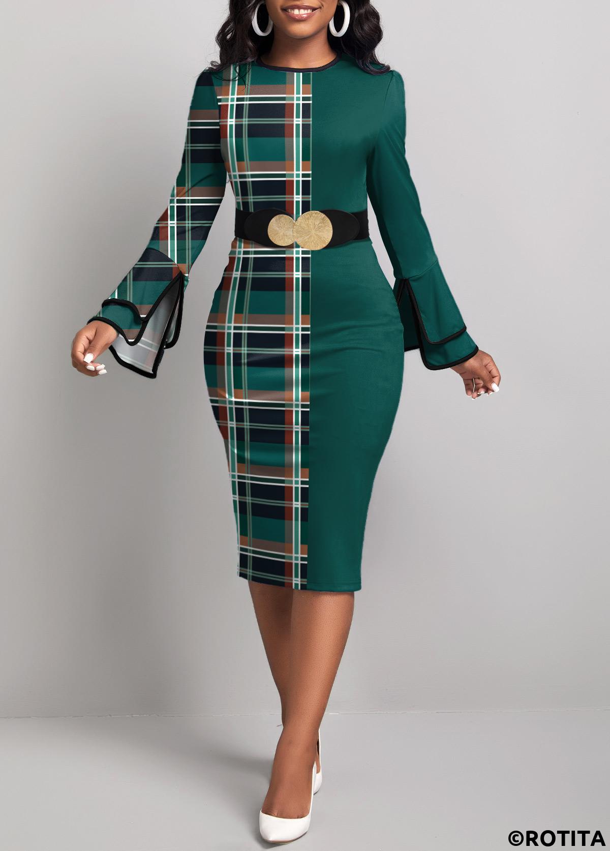 Green dresses,Plaid dresses,Geometric dresses,Party dresses,Elegant dresses,ROTITA Patchwork Plaid Green Round Neck Bodycon Dress
