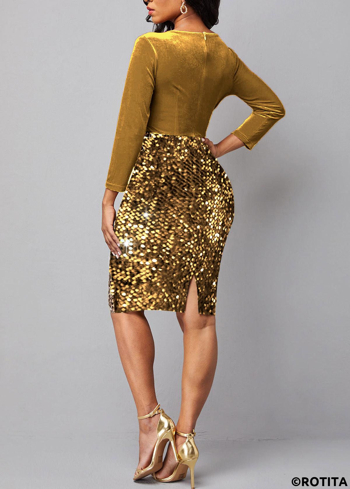 Golden dresses,Plain Color dresses,Party dresses,Elegant dresses,ROTITA V Neck Golden Sequin Long Sleeve Dress