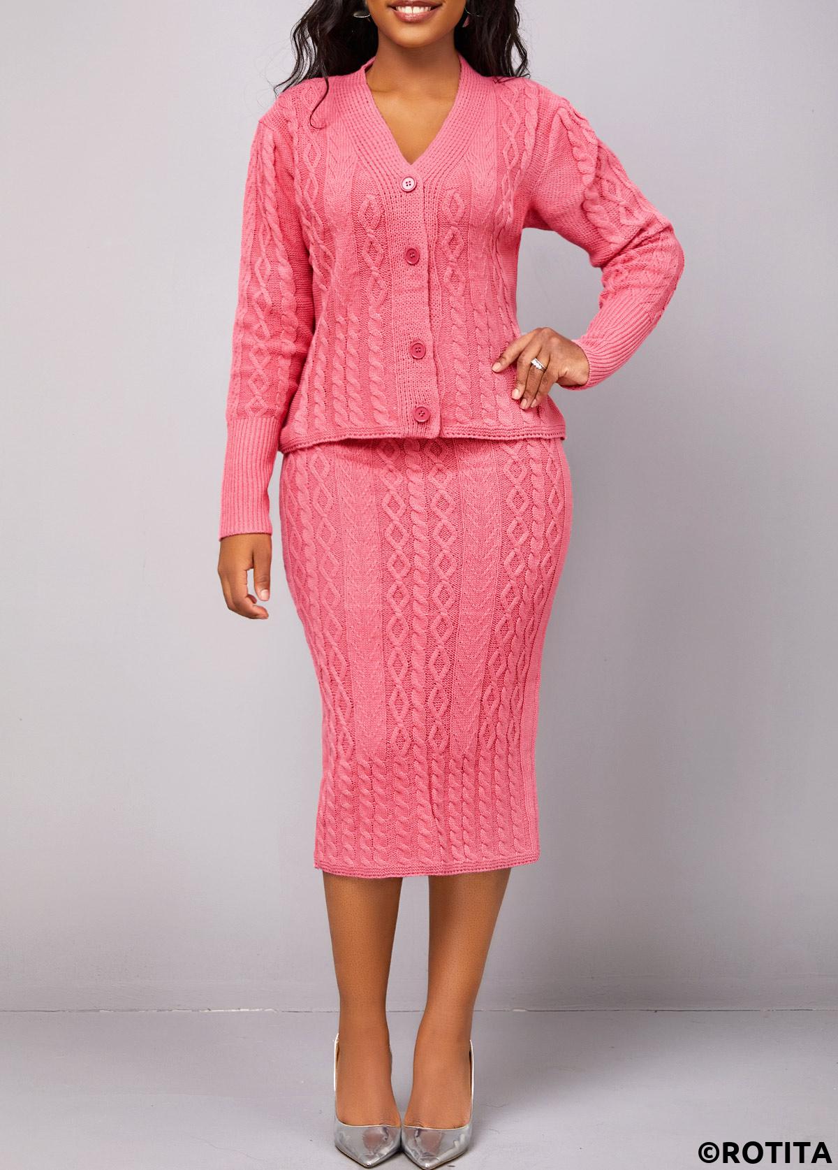 Peach Red dresses,Plain Color dresses,Party dresses,Elegant dresses,Button Long Sleeve Peach Red Top and Skirt
