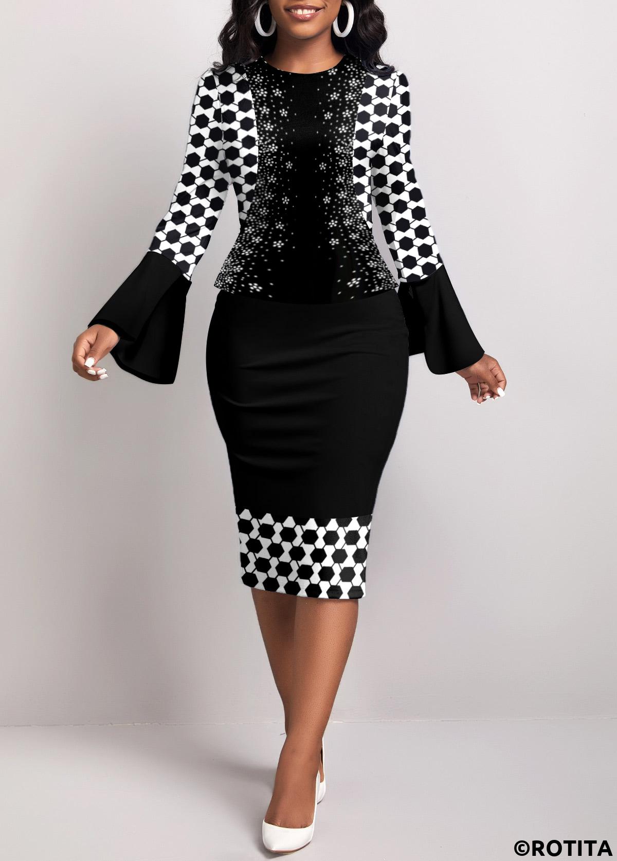 Black dresses,Geometric dresses,Dot dresses,Party dresses,Elegant dresses,ROTITA Fake 2in1 Geometric Print Black Bodycon Dress
