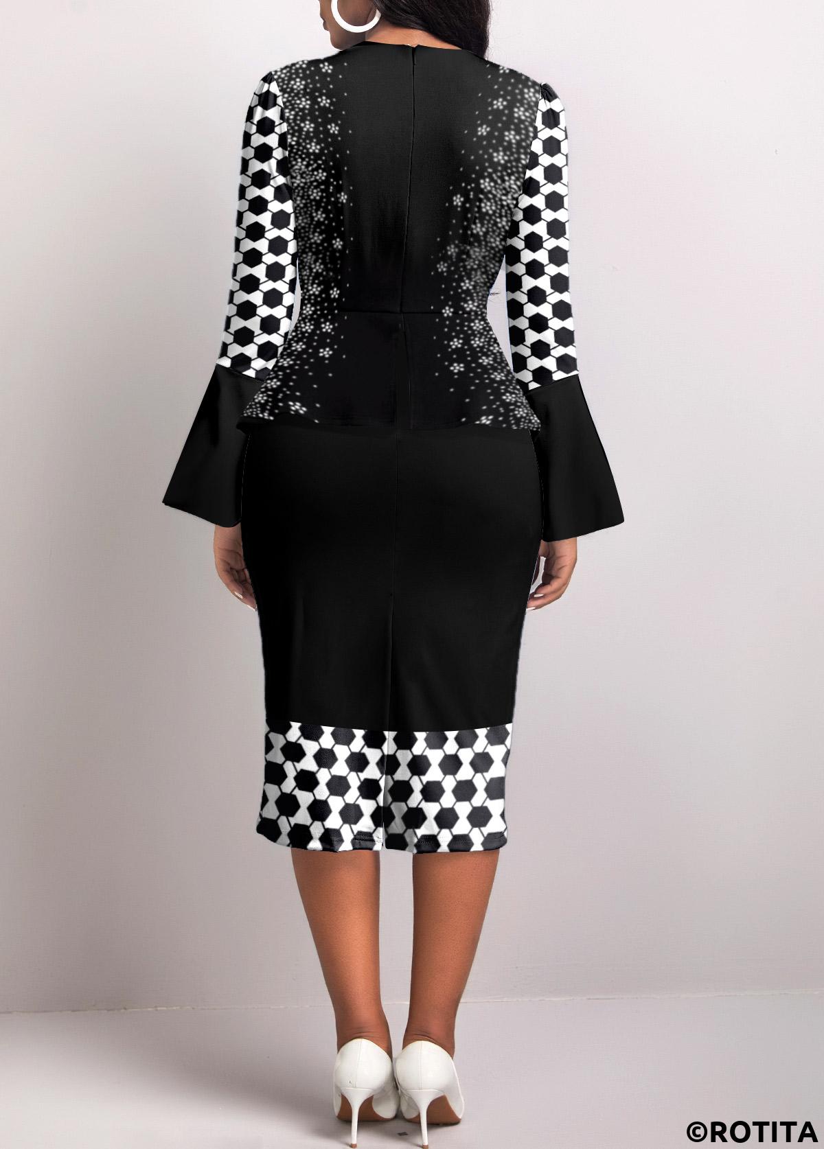 Black dresses,Geometric dresses,Dot dresses,Party dresses,Elegant dresses,ROTITA Fake 2in1 Geometric Print Black Bodycon Dress
