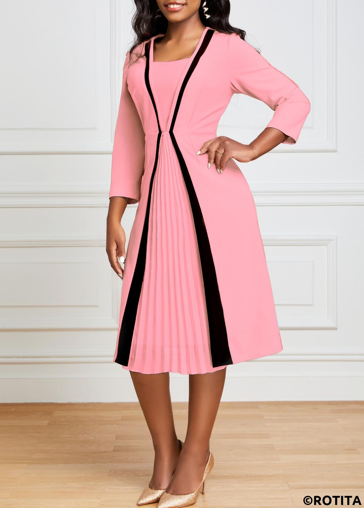 Pink dresses,Plain Color dresses,Party dresses,Elegant dresses,ROTITA Pink Square Neck Pleated Hem Dress