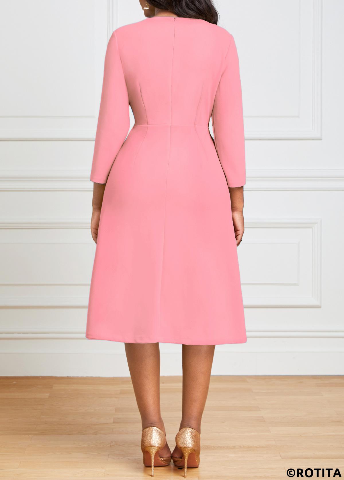 Pink dresses,Plain Color dresses,Party dresses,Elegant dresses,ROTITA Pink Square Neck Pleated Hem Dress