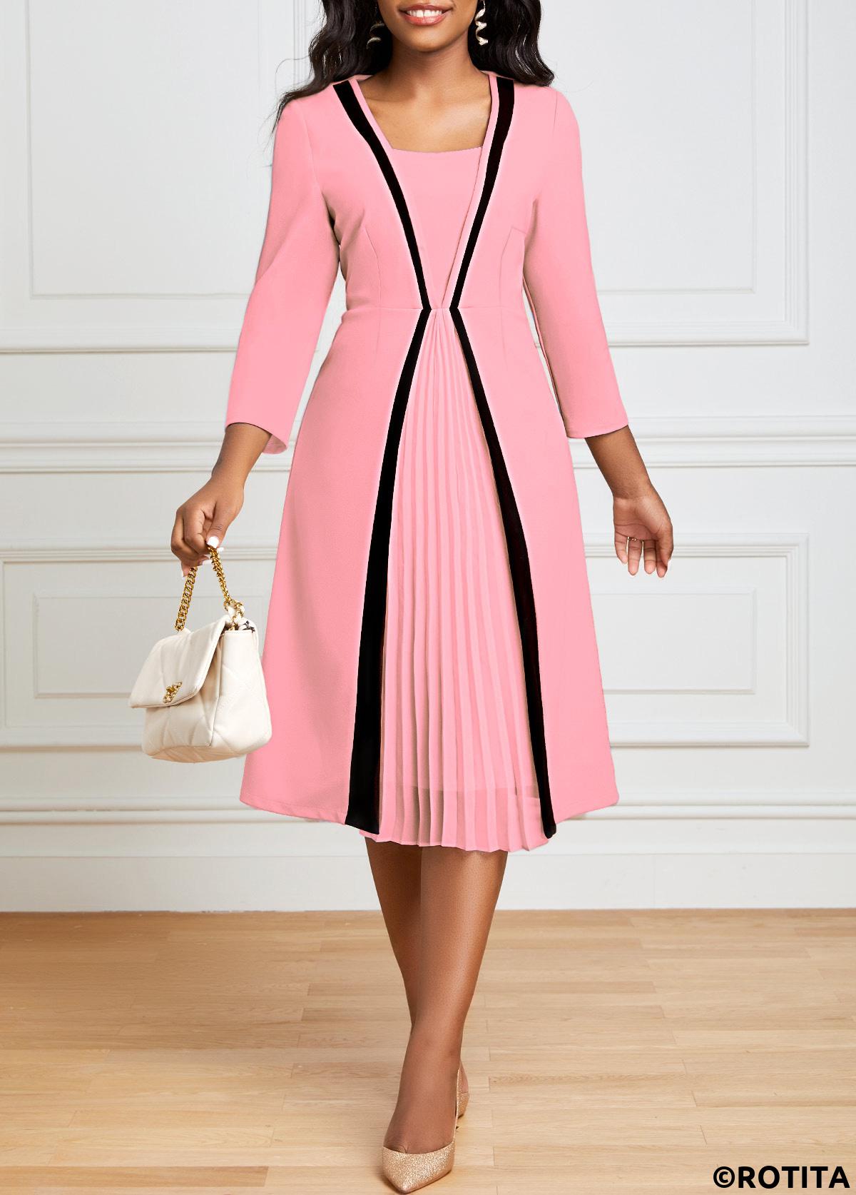 Pink dresses,Plain Color dresses,Party dresses,Elegant dresses,ROTITA Pink Square Neck Pleated Hem Dress