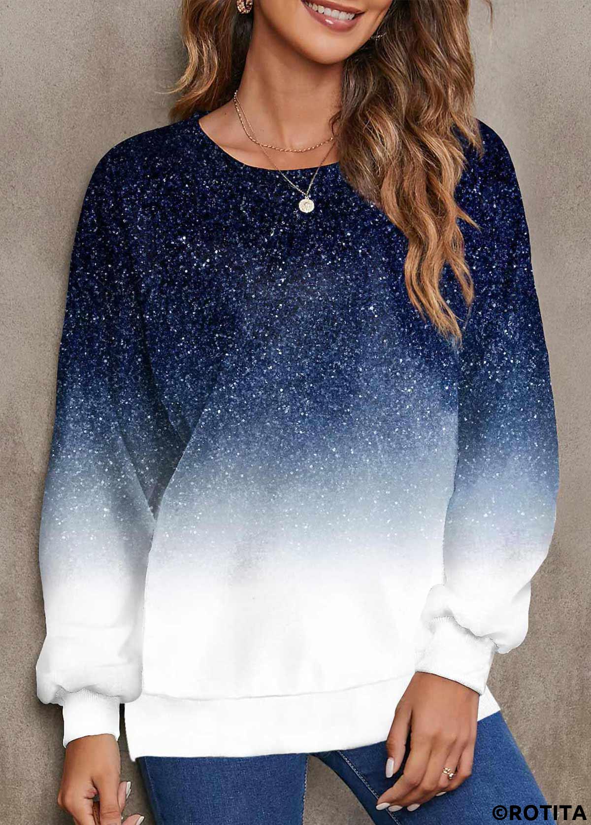 Navy tops,Ombre tops,ROTITA Ombre Navy Round Neck Long Sleeve Sweatshirt