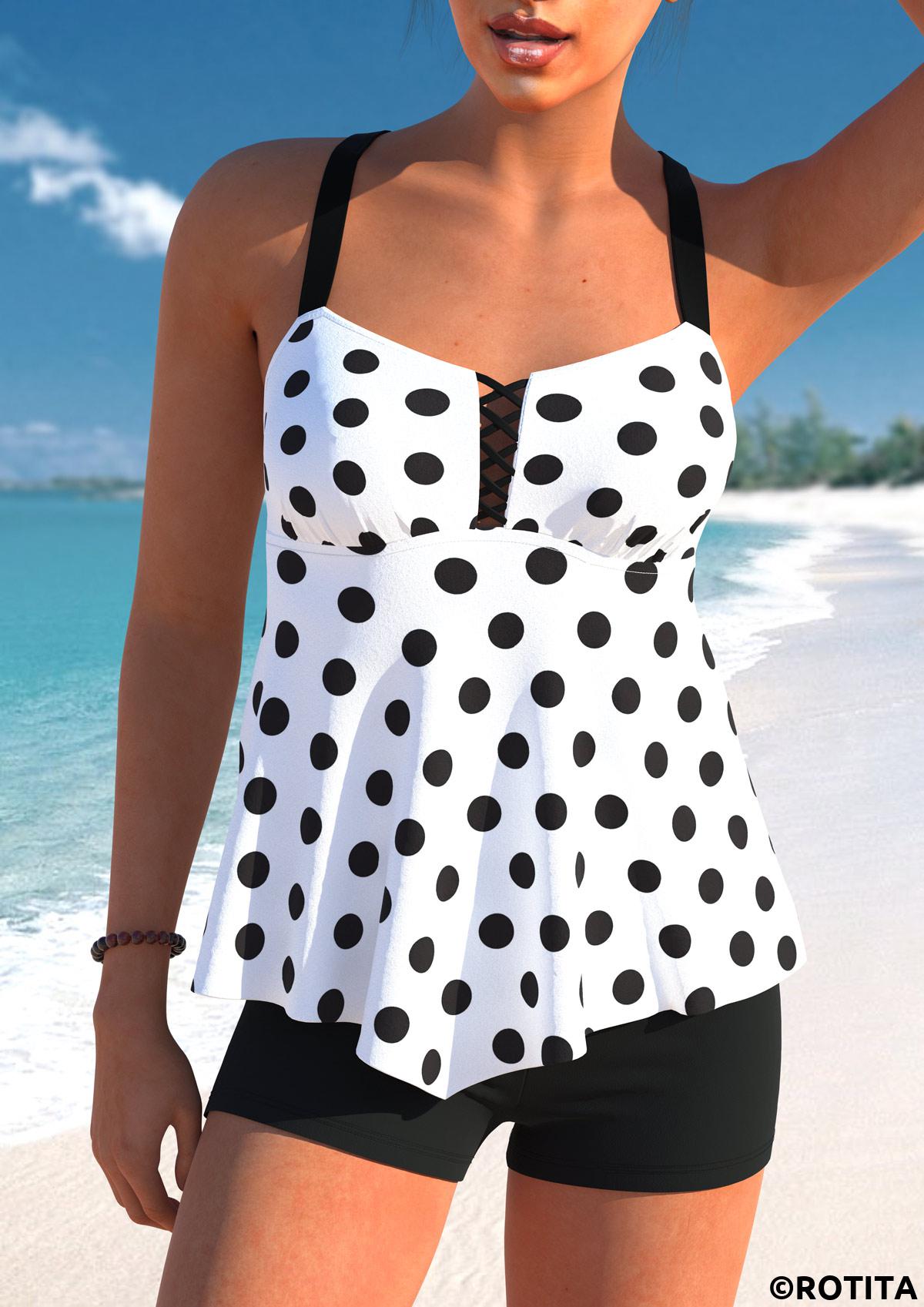 White swimwear,Dot swimwear,ROTITA Asymmetry White Polka Dot Tankini Top