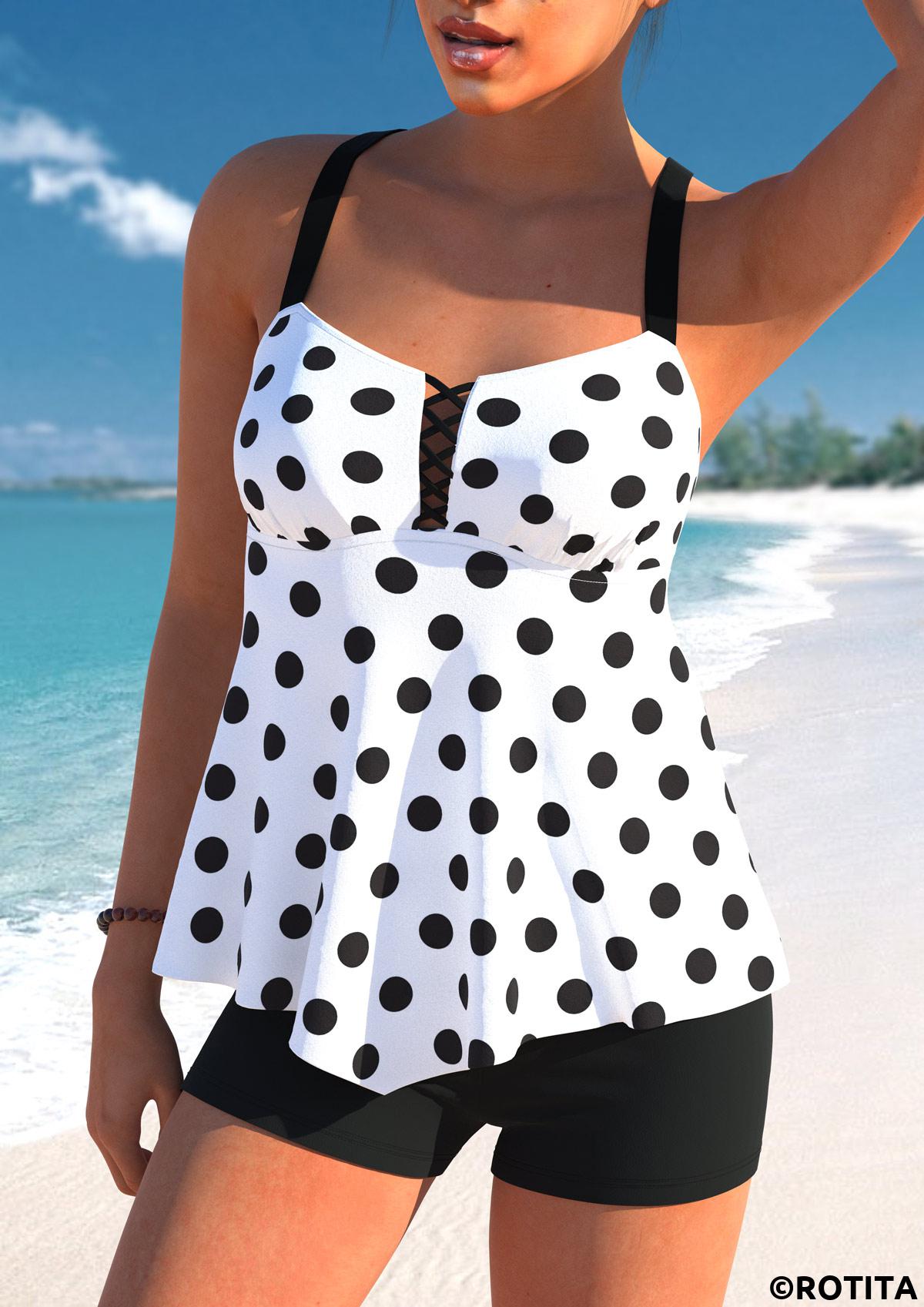 White swimwear,Dot swimwear,ROTITA Asymmetry White Polka Dot Tankini Top