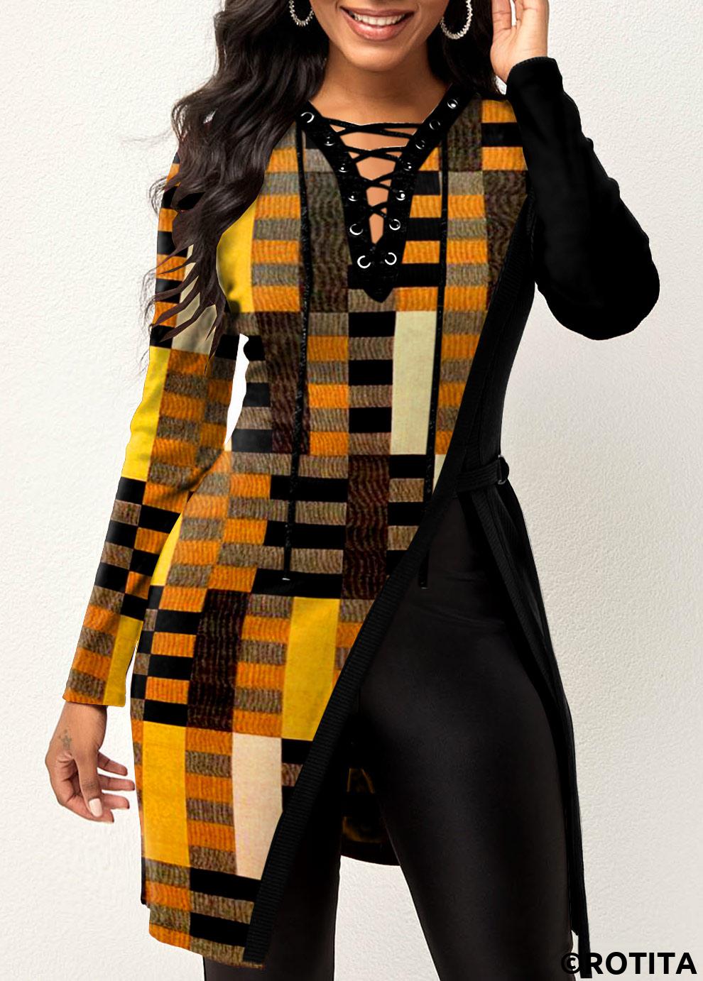 Yellow tops,Geometric tops,ROTITA Split Geometric Print Yellow T Shirt
