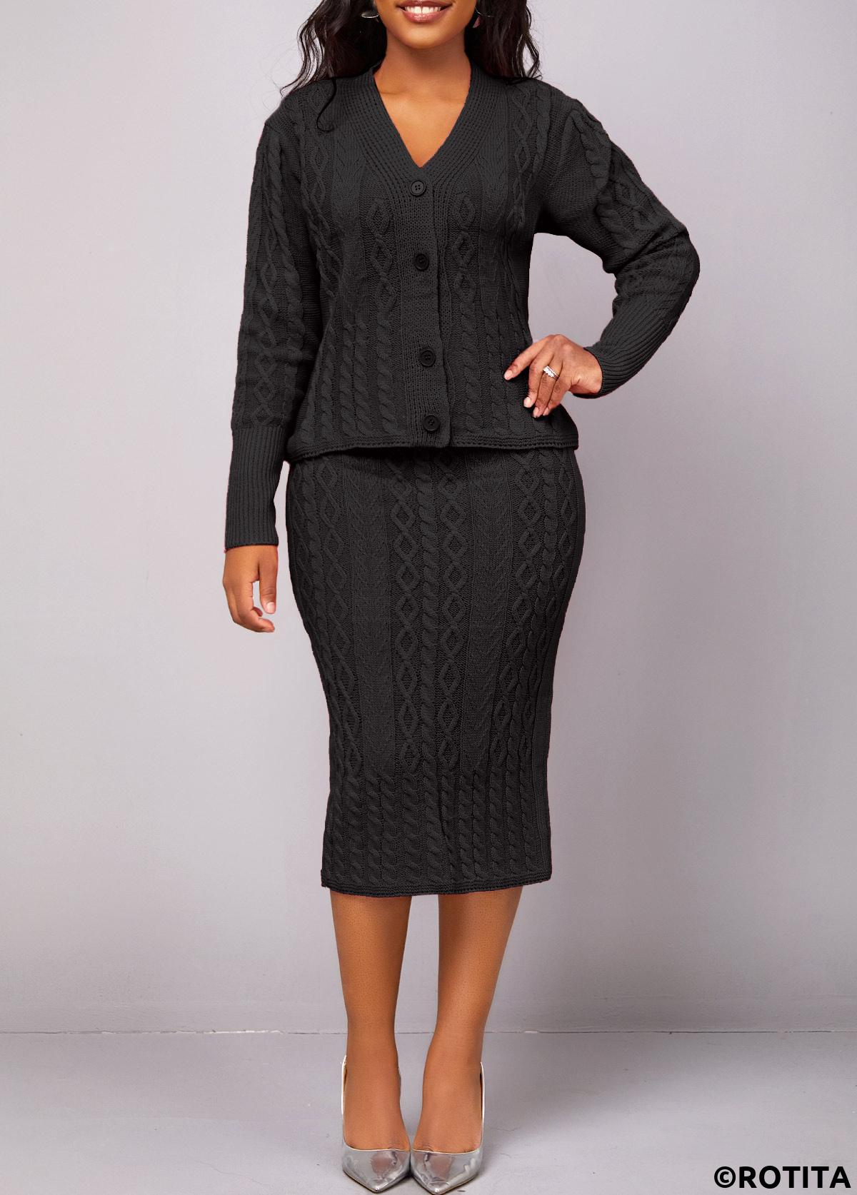 Black dresses,Plain Color dresses,Party dresses,Elegant dresses,Button Long Sleeve Black Top and Skirt