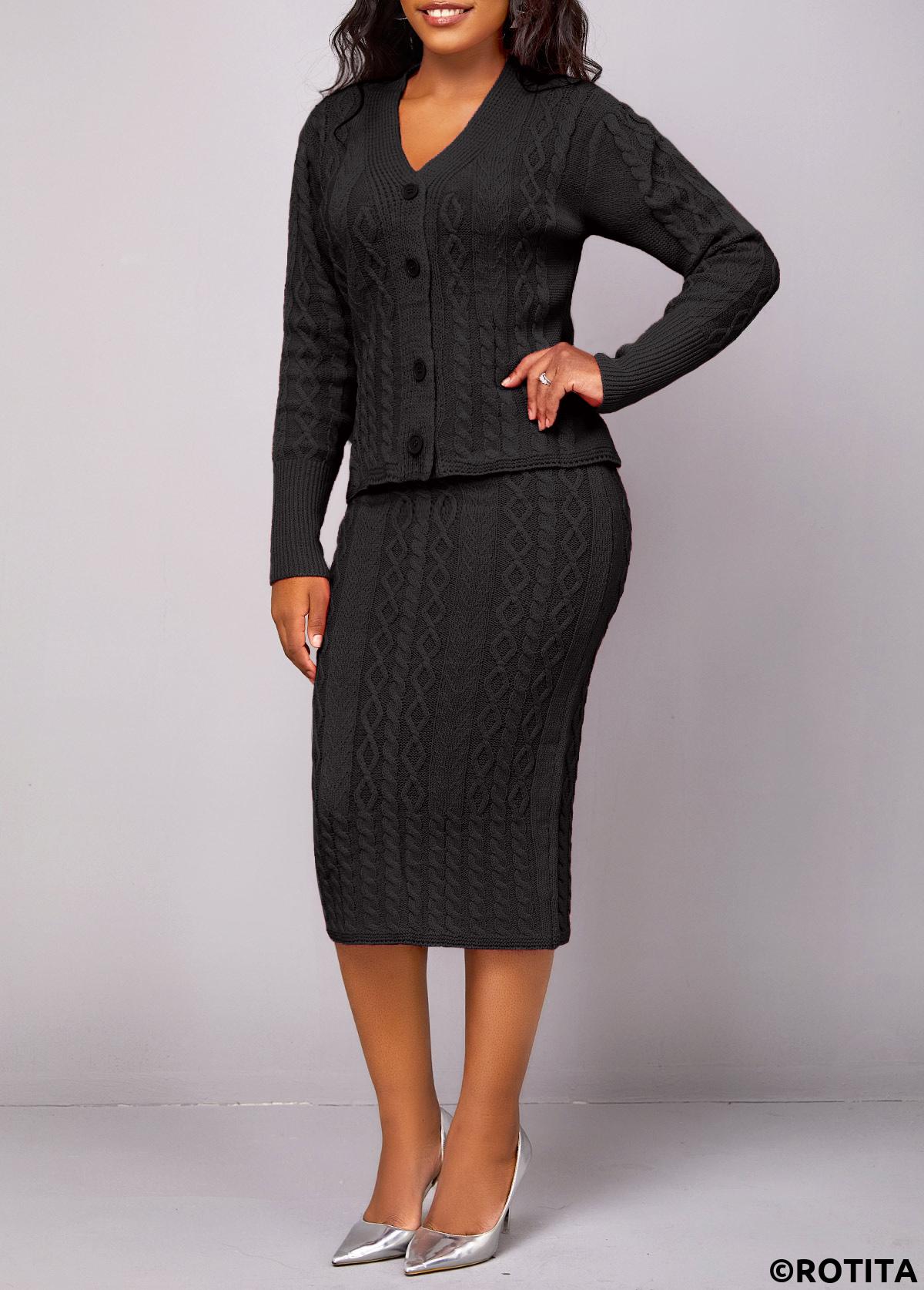 Black dresses,Plain Color dresses,Party dresses,Elegant dresses,Button Long Sleeve Black Top and Skirt