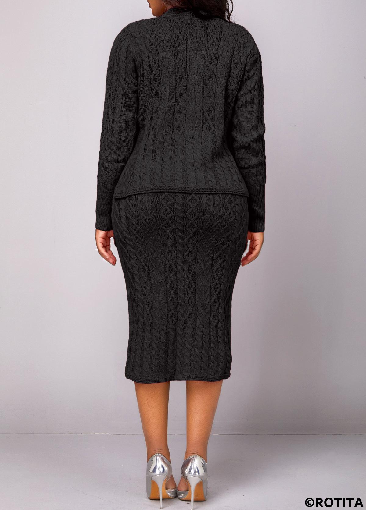 Black dresses,Plain Color dresses,Party dresses,Elegant dresses,Button Long Sleeve Black Top and Skirt