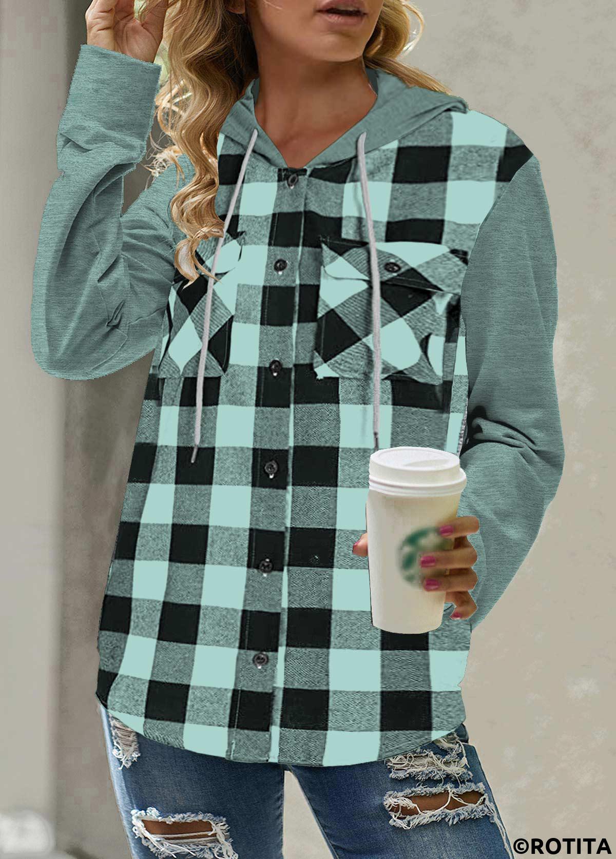 Mint Green tops,Plaid tops,Geometric tops,ROTITA Pocket Plaid Mint Green Long Sleeve Hoodie